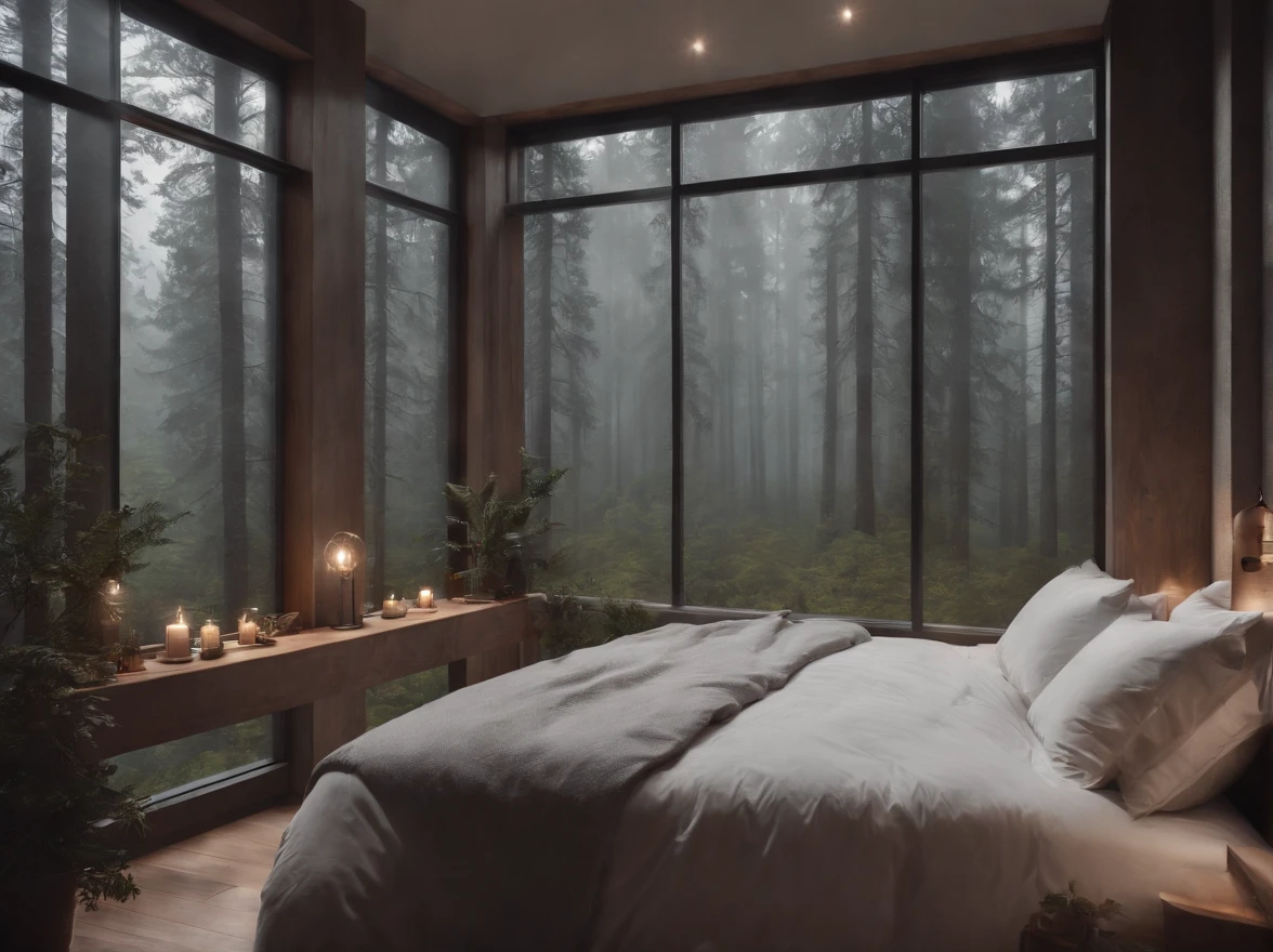 (masterpiece, bestquality),Bedroom with Pine Forest View,Outside the window,It's raining,Fog,Comfy bed., forests,warm,Evening lighting