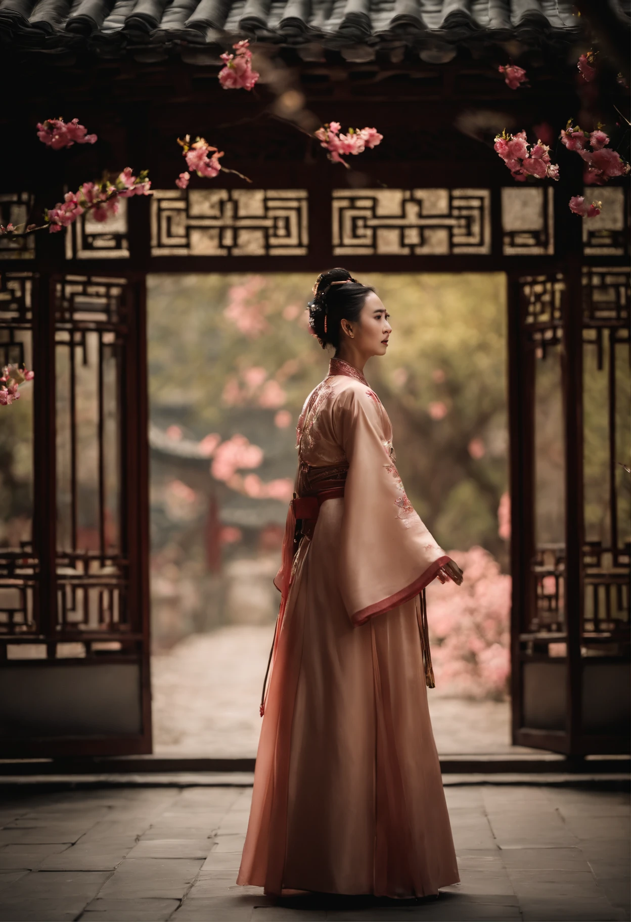 Wuxia style,China-style,Huge copper mirror,petals,peach blossom,Illuminated doors,--AR 16:9 --9 2 --s 750**