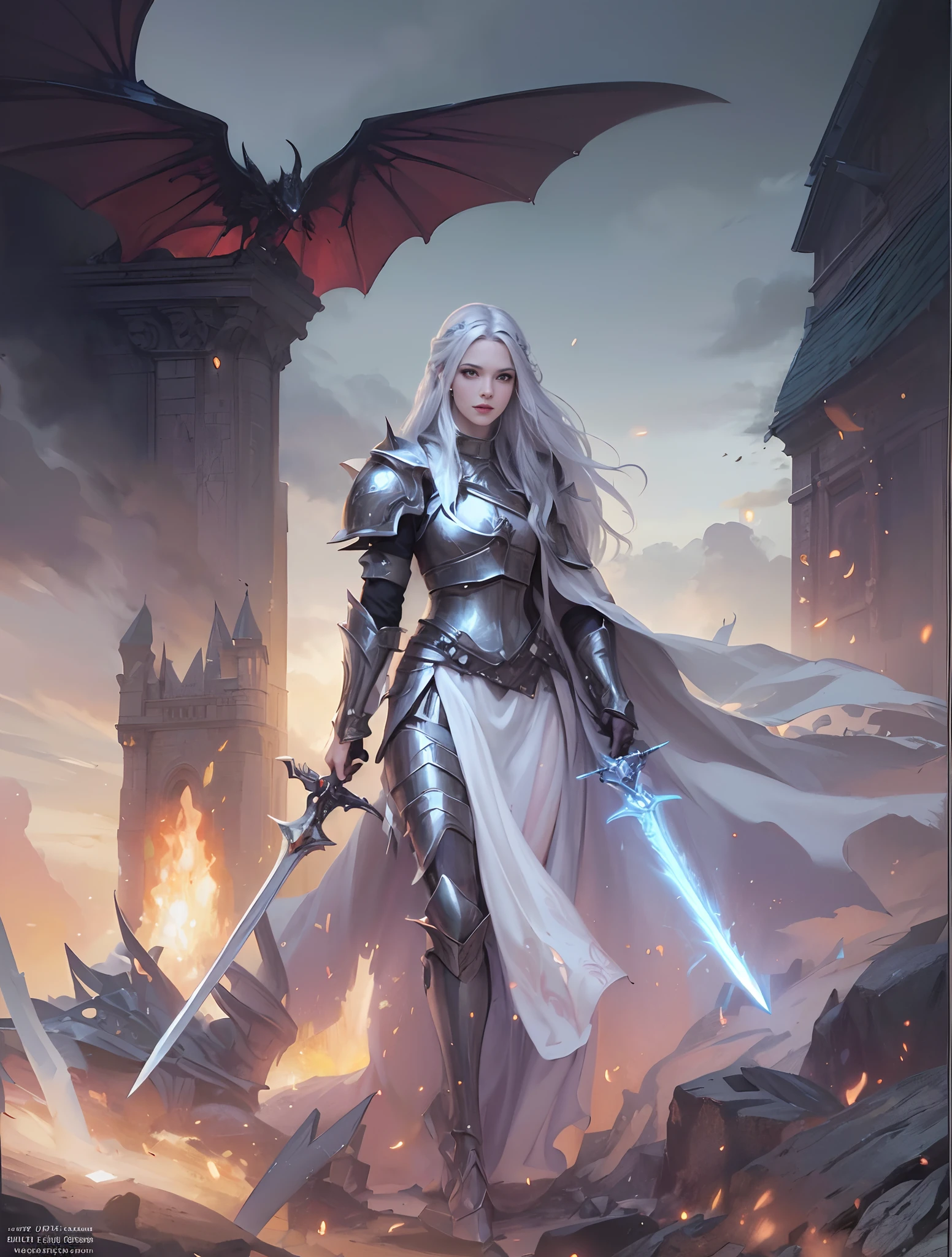 a woman with a sword in her left hand and a sword in her right hand walking through a fire, fantasy paladin woman, a beautiful silver white haired female knight, graphic artist magali villeneuve, gorgeous female paladin with a menacing smile, high quality fantasy art, epic fantasy character art, (realistic, photo-realistic:1.37), (insanely detailed:1.3), 8k, (masterpiece), (best quality:1.4), (ultra high res:1.2), (RAW photo:1.2), professional lighting, cinematic realism