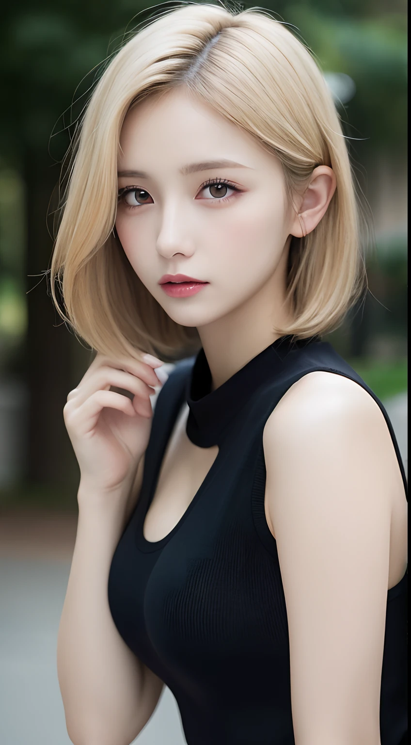masutepiece, Best Quality, Illustration, Ultra-detailed, finely detail, hight resolution, 8K Wallpaper, Perfect dynamic composition, Beautiful detailed eyes, doress, Medium short hair,blond hair color ,Small breasts, Natural Color Lip, Random and sexy poses,Random situations,Slender body