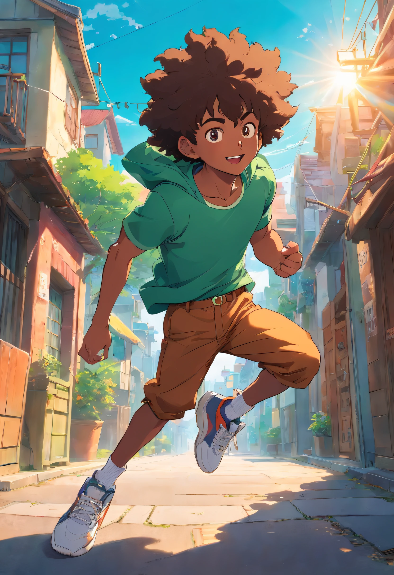 african american muscular boy, green top, happy, big hair, brown pants, sneakers, outdoor, vibrant colors, clear sky, sunlight, realistic:1.1, highres, vivid colors, sharp focus, beautiful detailed eyes, joyful expression, energetic pose, urban background, photo-realistic:0.9