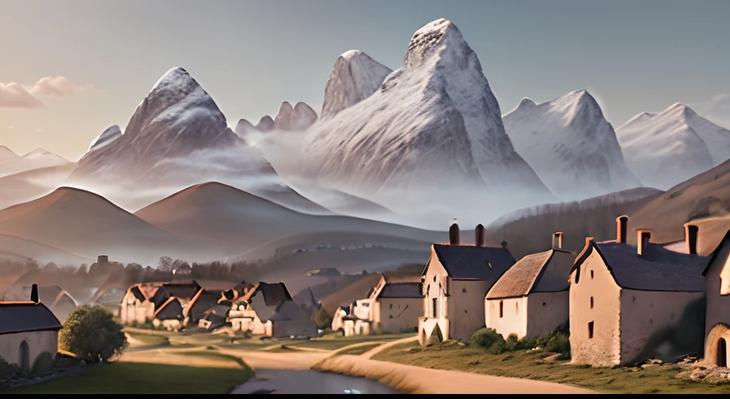 a view of a village in the countryside with mountains in the background, realistic photo of a village, inspired by Martin Deschambault, distant village background, flat matte painting, medieval french landscape, dreamy matte painting, photorealistic landscape, distant village landscape, martin raphael lacoste, rural town scene, illustration matte painting, southern european landscape