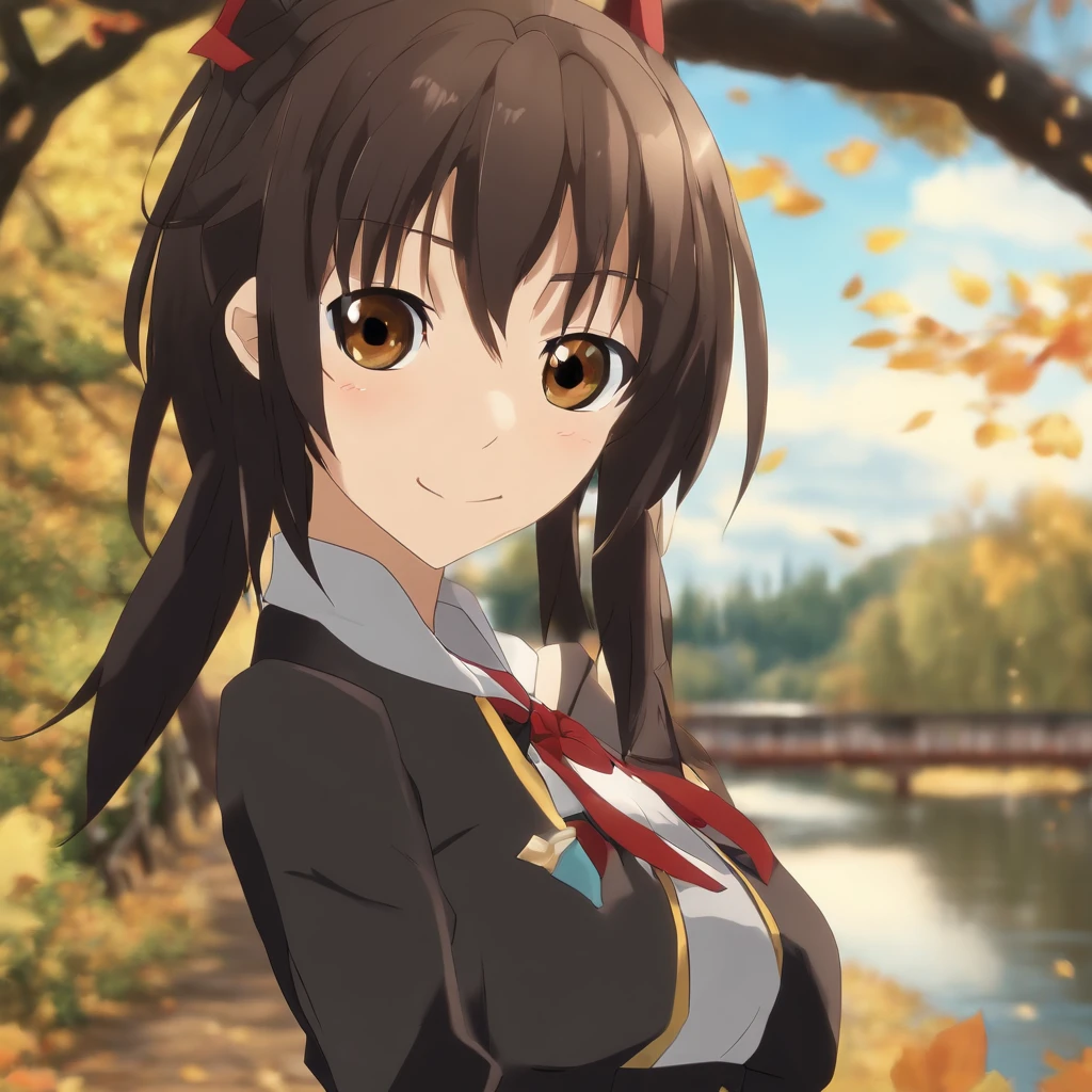 taking photographs:Majik Yagur, Teenage girl in black knight armor, Angry smile, In the style of Kyoto Animation in the 2010s, Official art, ((((Black hair)), Haruhi Suzumiya's eyes, Haruhi Suzumiya's face)), beautiful symmetrical face, Ponytail, In a medieval European castle on an autumn day, Fantasy, Alone, Solo, 8K, Haruhi Suzumiya's Pose