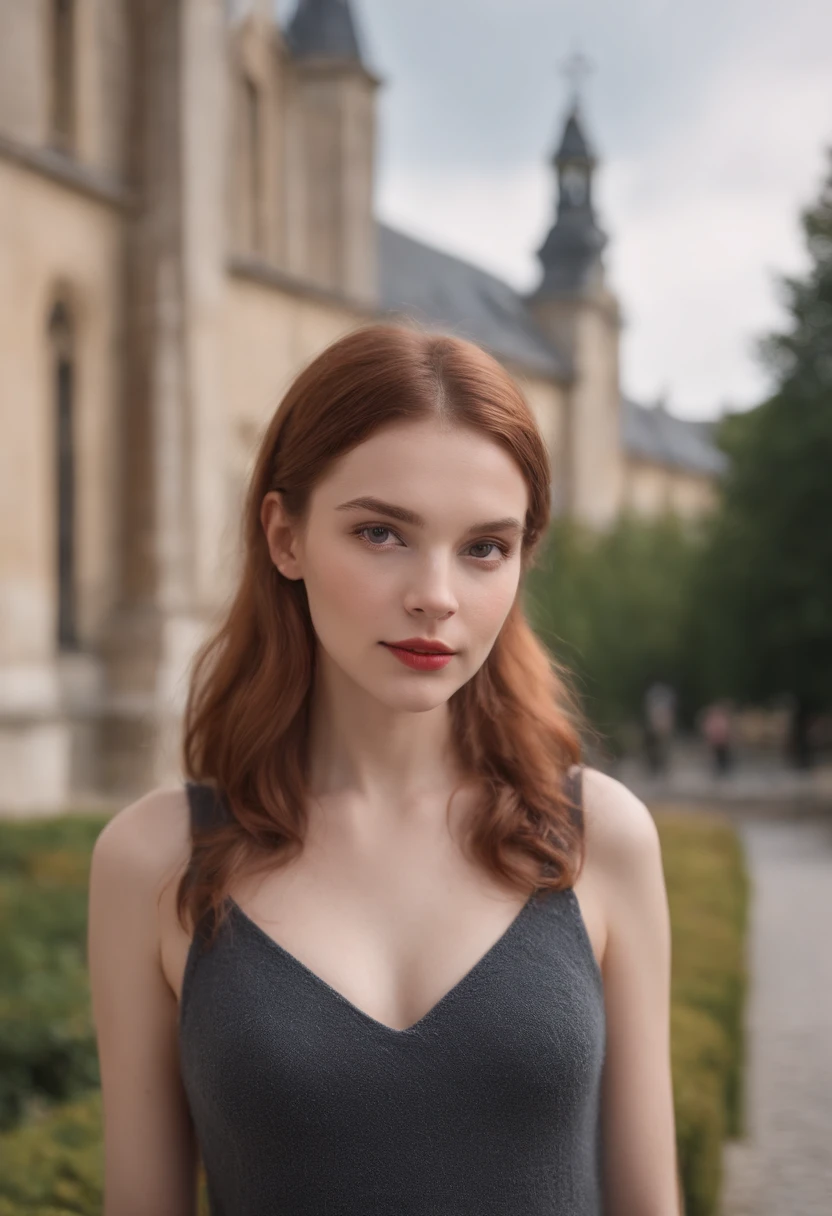 professionnel, (Photo 4k:1.1) (mise au point nette:1.3), High detail, Porter (pull en tricot:1.2), beautifull detailed face, A pretty woman with long red hair looks at the camera , Panasonic Lumix S Pro 50mm F/1.4, ressamblence a emma roberts, splash of color, dark orange and dark emerald, Ferrania P30, photo realist, (attractive young woman:1.3), (Seductive:1.1), (rougissant:1.1), Forme du corps du sablier, petit seins ronds, hanches mince, in the background of the university, 17ans,