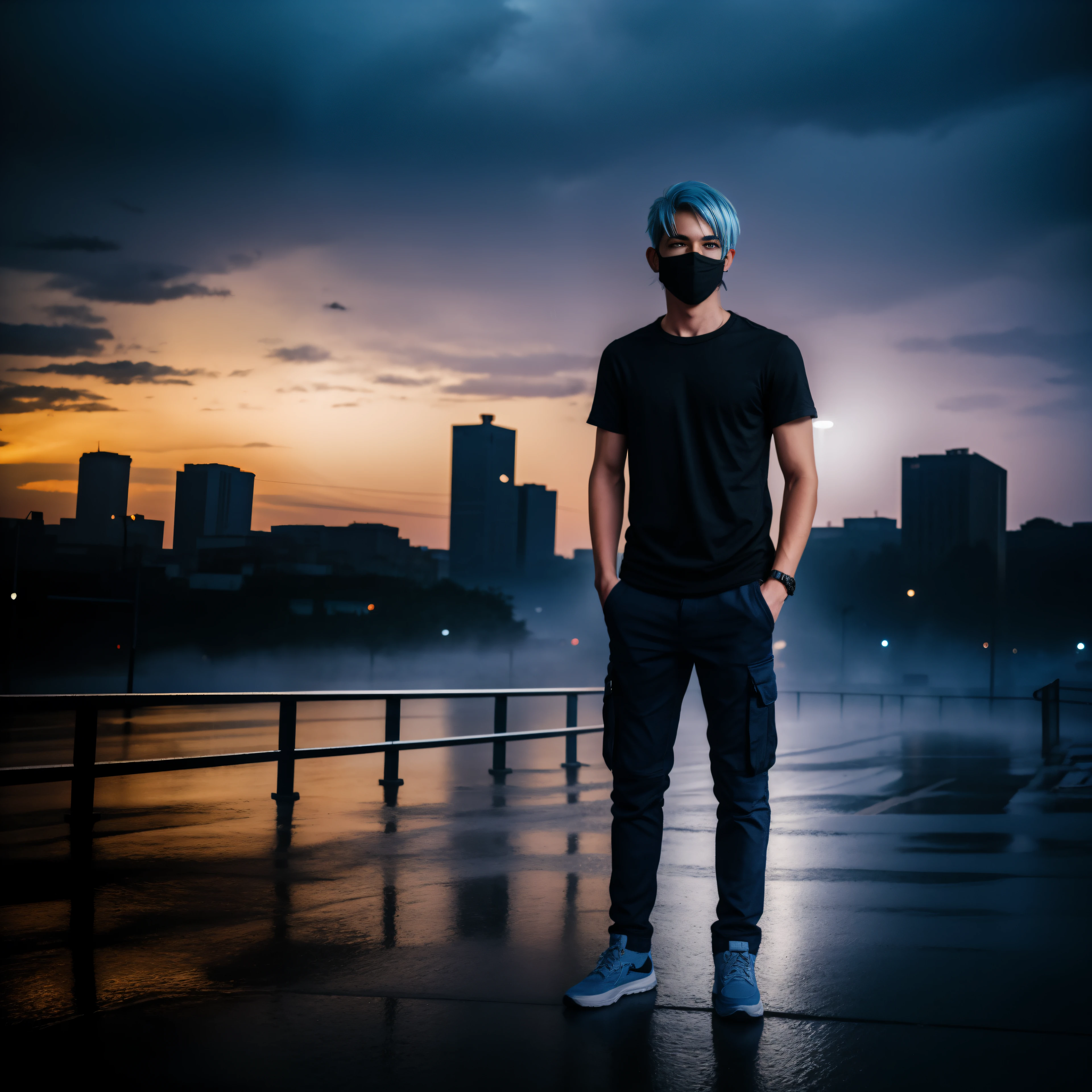 male posing, skinny body, city, atmospheric, cute face, blue white hair, mask, dead inside, black shirt, dark lighting, cargo pants, bokeh, background blur, rain, fog, sunset, full body view, nikon d3500