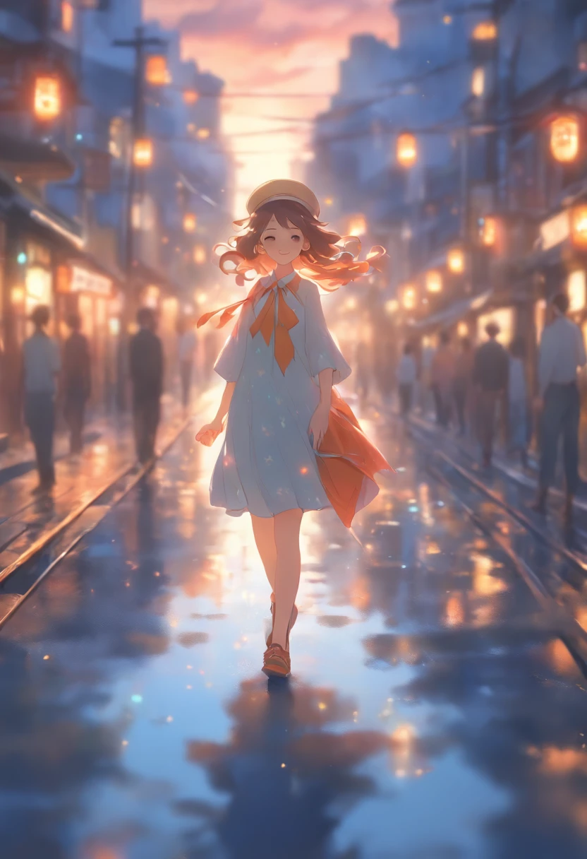 A smile hightquality、8K Ultra HD、3d effect、Anime-style digital illustration、Soft anime tones、Evening glow、The beauty of walking on the road、Summer sky、Summer clouds in the distance、美丽的面容、Beautiful eyes、Scattered white clouds、On Country Town Hill、A nostalgic city、Hair fluttering in the wind、a straw fedora hat、(full body Esbian)、Orange dress、Brown hair、Pale blue dress、beautiful hairl、Brown hair、Black eye、Luminescent、Three-dimensional effect、Enhanced beauty、Albert Anker、Kyoto Animation、Greg Rutkowski、ArtGerm、wlop、Alphonse Beeple、luminism、3D Rendering、Octane Rendering、isometric、awesome full color、