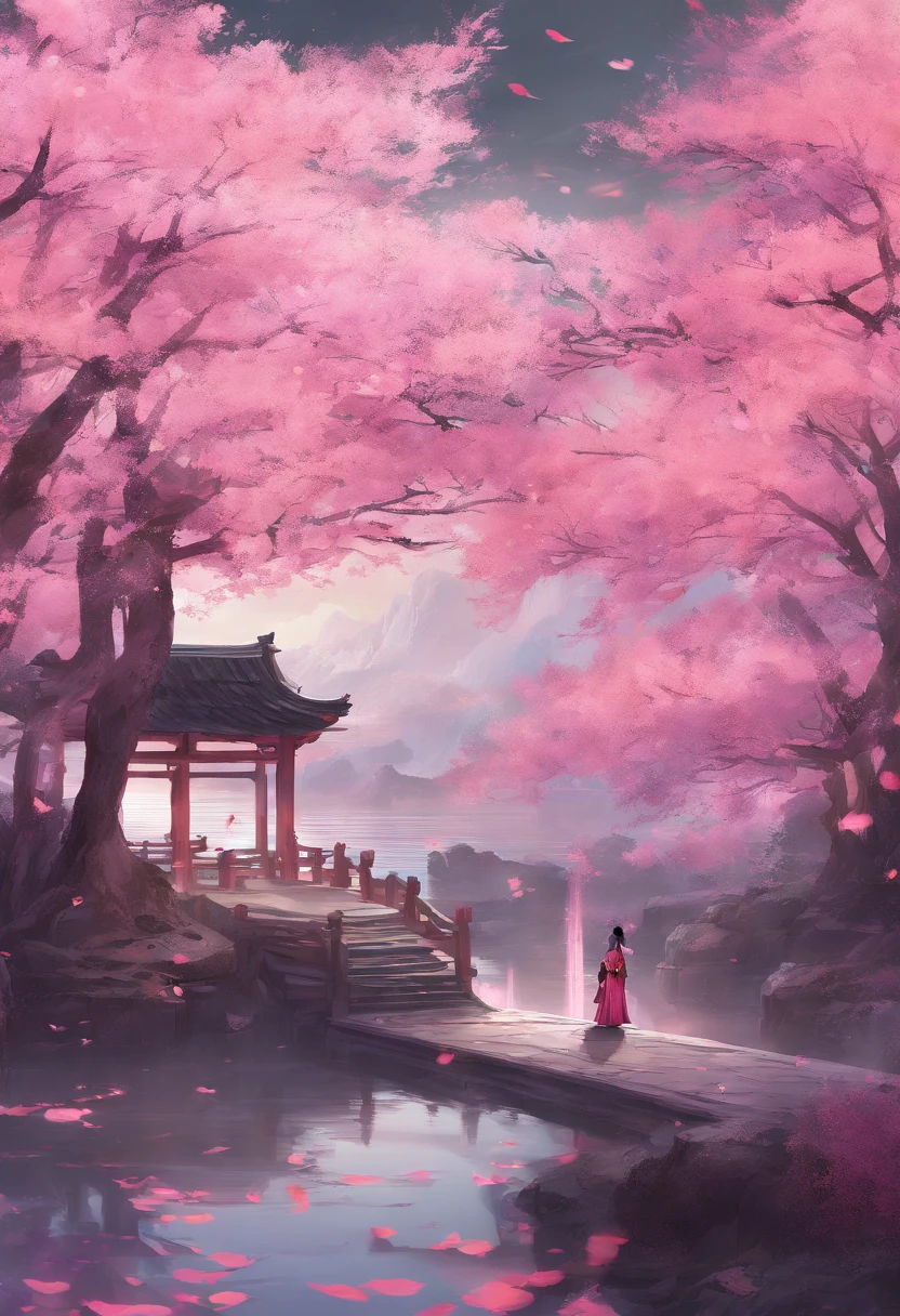 Wuxia style,China-style,Huge copper mirror,petals,peach blossom,in pink,purpleish color,--AR 16:9 --9 2 --s 750**