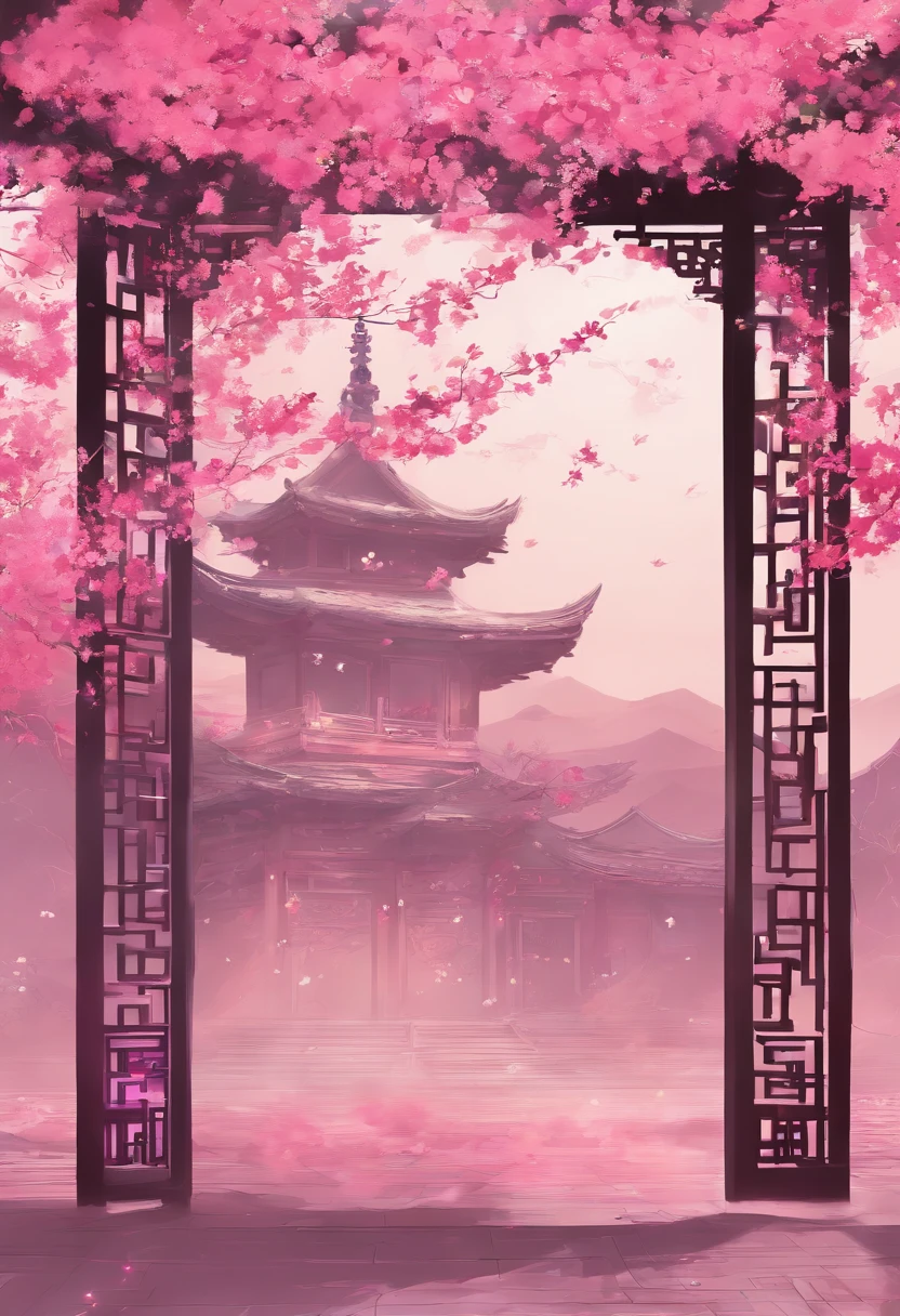 Wuxia style，China-style，Huge copper mirror，petals，peach blossom，in pink，purpleish color，--AR 16:9 --9 2 --s 750**