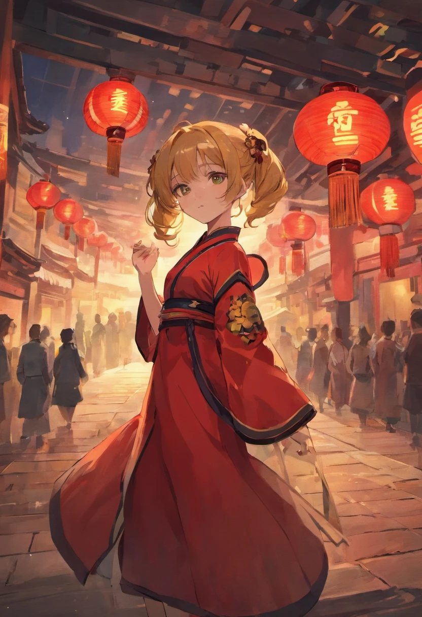 Mid-Autumn Festival,celebrating,A series of red lanterns,A woman wears a red Chinese dress,Shoulders exposed,Clear detail,orthofacial