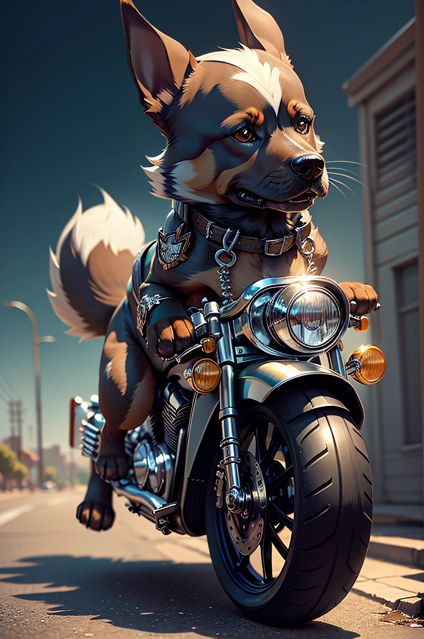 C4tt4stic,Cartoon Doberman dog riding Harley-Davidson in leather jeans（The specifics of the appearance of Doberman dogs、Lunette de soleil）