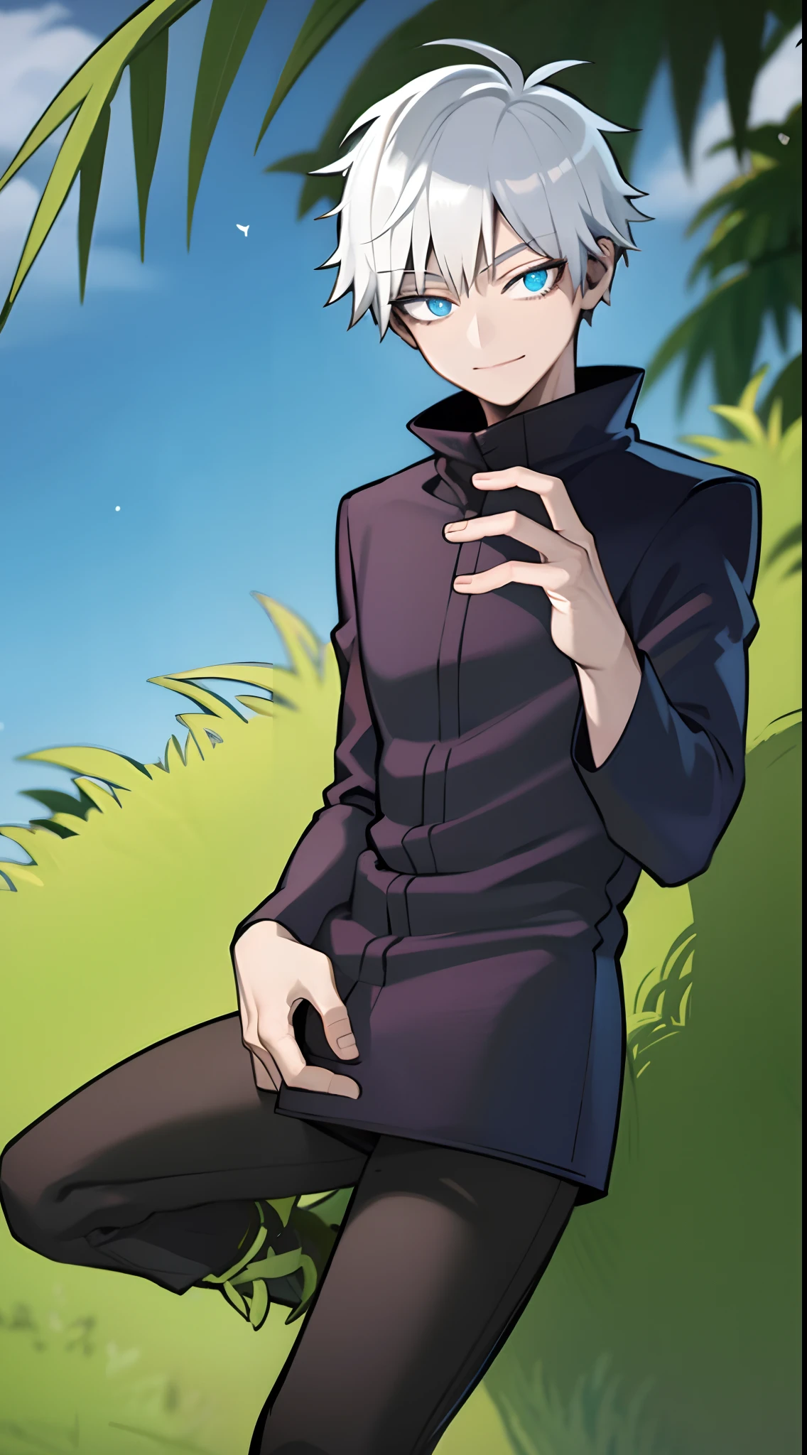 (masterpiece, best quality:1.2), (hyperdetailed face), (Super well-formed face), full body, solo, tall boy, tachie, male focus, 1boy, gojo satoru, smile, looking at viewer, white hair, blue eyes, crystal clear eyes, beautiful pupils, beautiful detailed eyes, long eyelashes, black sweater, long sleeves, black pants, lift sunglasses, beautiful blue sky, summer sky, dynamic angle