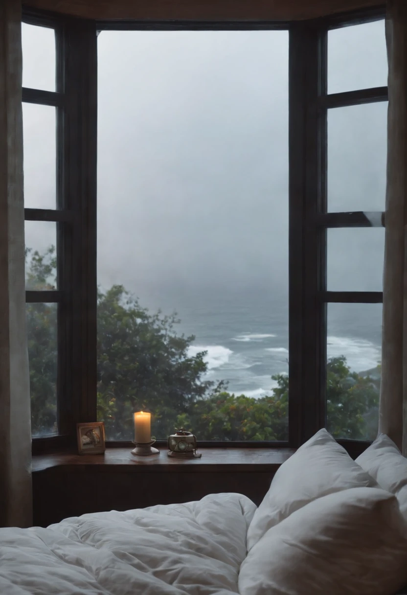 (masterpiece, bestquality),Bedroom with Ocean View,Outside the window,It's raining,Fog,Comfy bed.,Sea of clouds,warm,Evening lighting