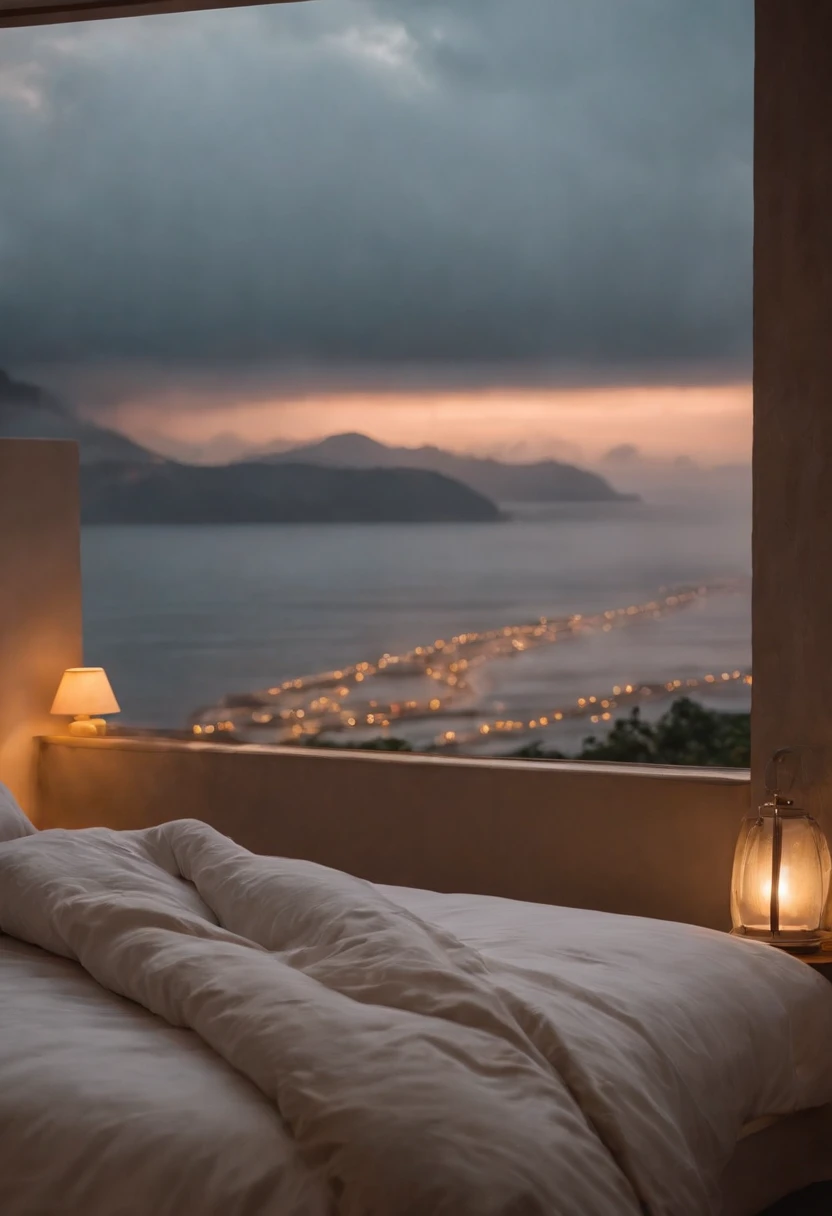 (masterpiece, bestquality),Bedroom with Ocean View,Outside the window,It's raining,Fog,Comfy bed.,Sea of clouds,warm,Evening lighting