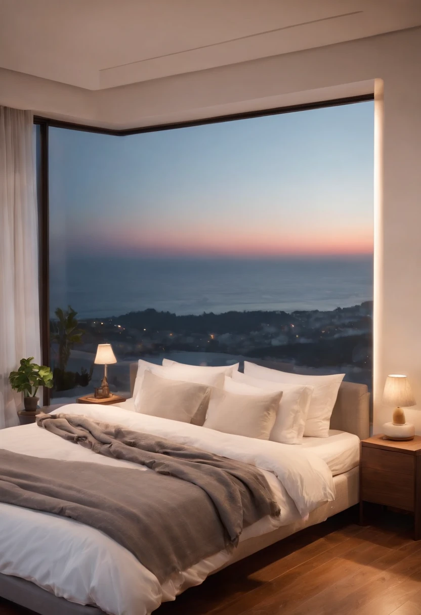 (masterpiece, bestquality),Bedroom with Ocean View,Outside the window,It's raining,Fog,Comfy bed.,Sea of clouds,warm,Evening lighting