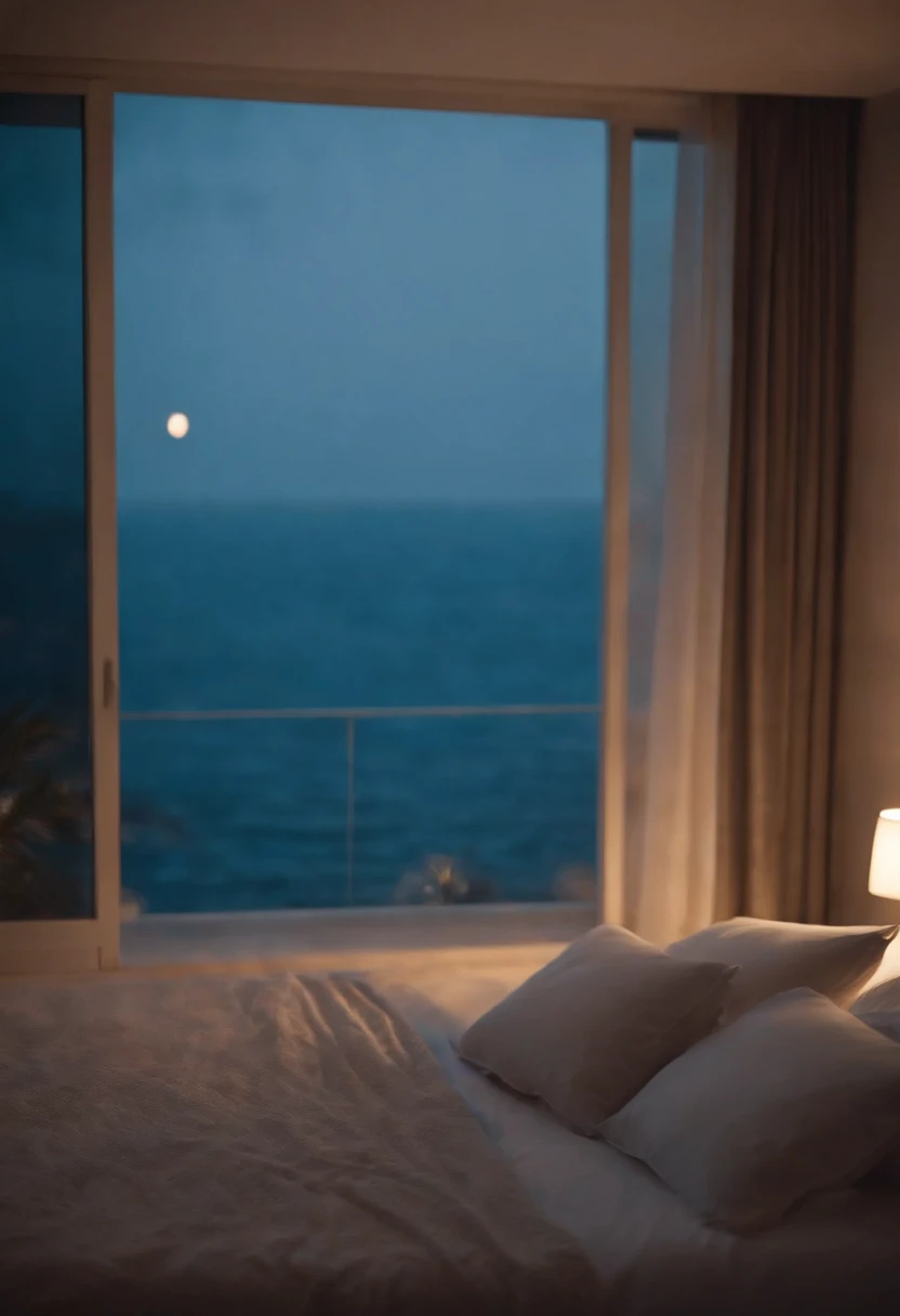 (masterpiece, bestquality),Bedroom with Ocean View,Outside the window,It's raining,Fog,Comfy bed.,Sea of clouds,warm,Evening lighting