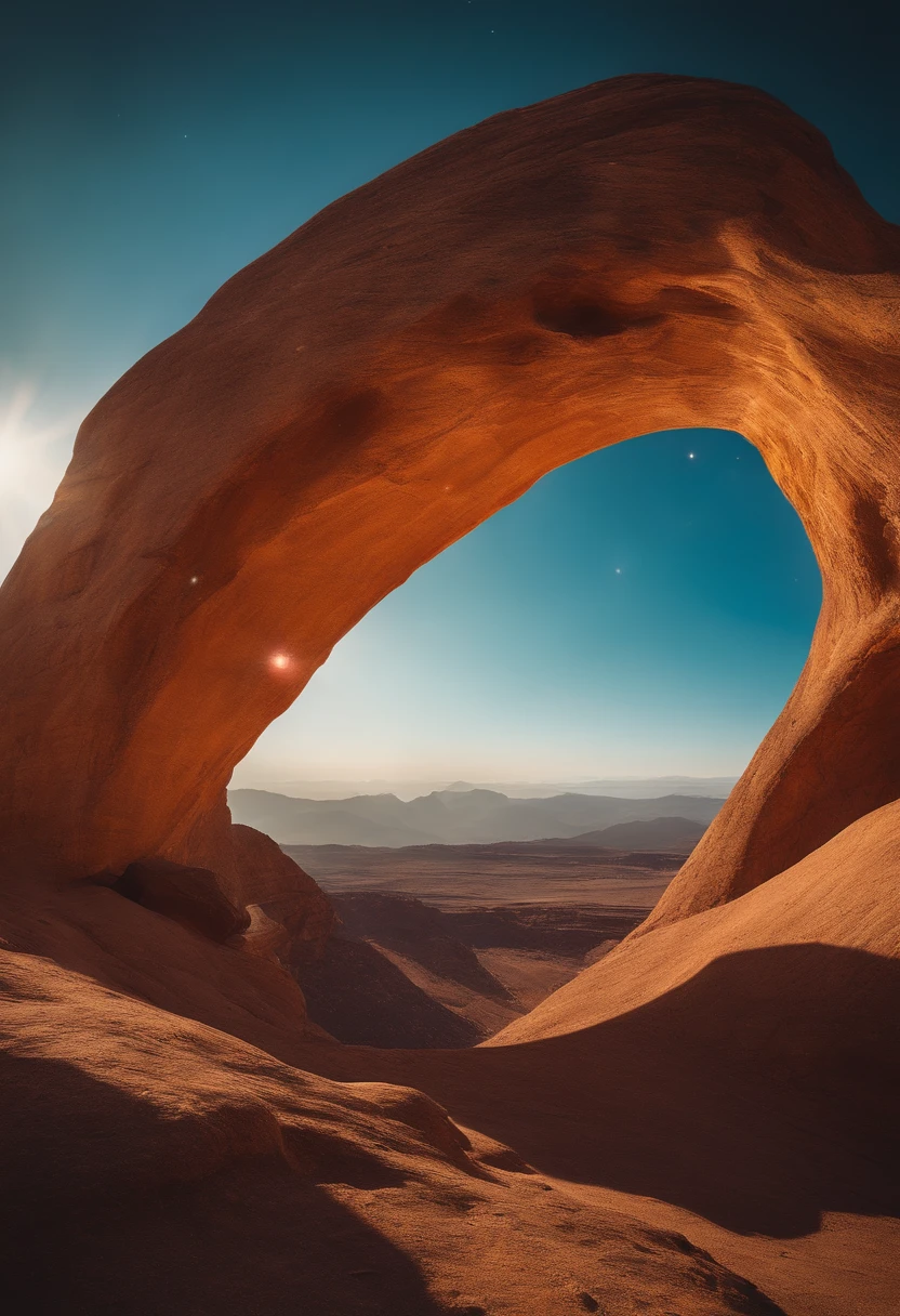 phantastic landscape on a foreign planet, a bright rainbow and planets with rings in the sky