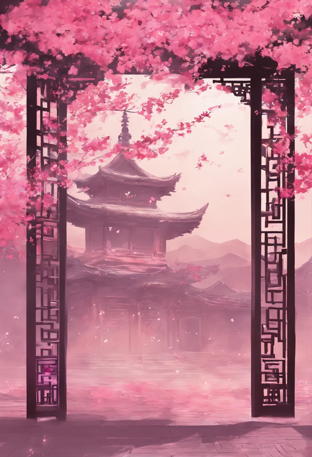 Wuxia style,China-style,Huge copper mirror,petals,peach blossom,in pink,purpleish color,--AR 16:9 --9 2 --s 750**