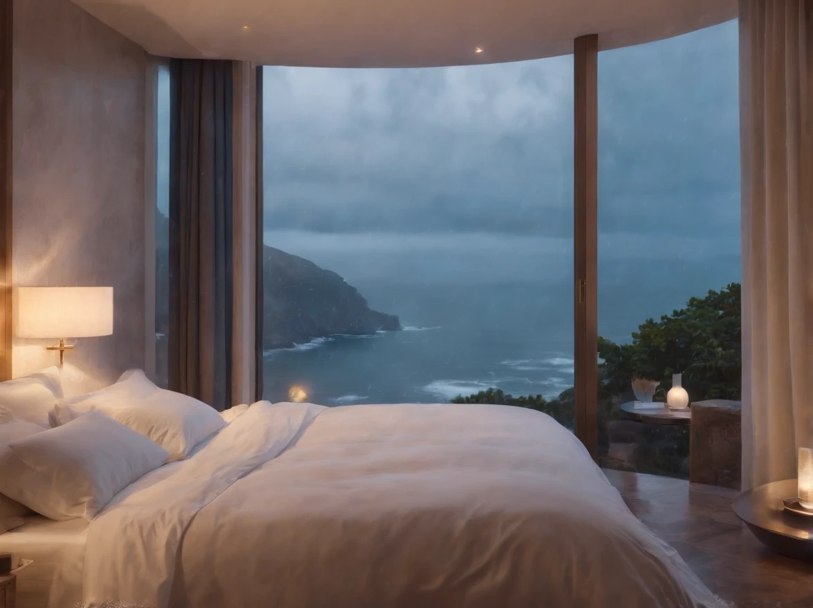 (masterpiece, bestquality),Bedroom with Ocean View,Outside the window,It's raining,Fog,Comfy bed.,Sea of clouds,warm,Evening lighting