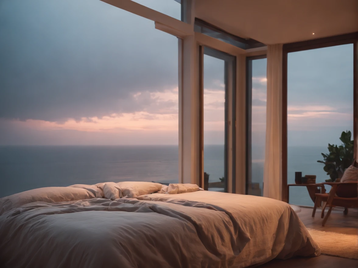 (masterpiece, bestquality),Bedroom with Ocean View,Outside the window,It's raining,Fog,Comfy bed.,Sea of clouds,warm,Evening lighting