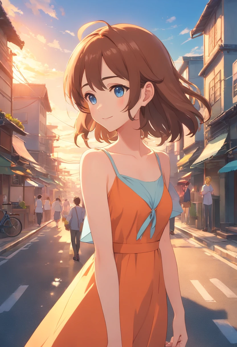 A smile hightquality、8K Ultra HD、3d effect、Anime-style digital illustration、Soft anime tones、Evening glow、The beauty of walking on the road、Summer sky、Summer clouds in the distance、美丽的面容、Beautiful eyes、Scattered white clouds、Country Town Hill、A nostalgic city、Hair fluttering in the wind、a straw fedora hat、(full body Esbian)、Orange dress、Brown hair、Pale blue dress、beautiful hairl、Brown hair、Black eye、Luminescent、Three-dimensional effect、Enhanced beauty、Albert Anker、Kyoto Animation、Greg Rutkowski、ArtGerm、wlop、Alphonse Bieple、luminism、3D Rendering、Octane Rendering、isometric、awesome full color、