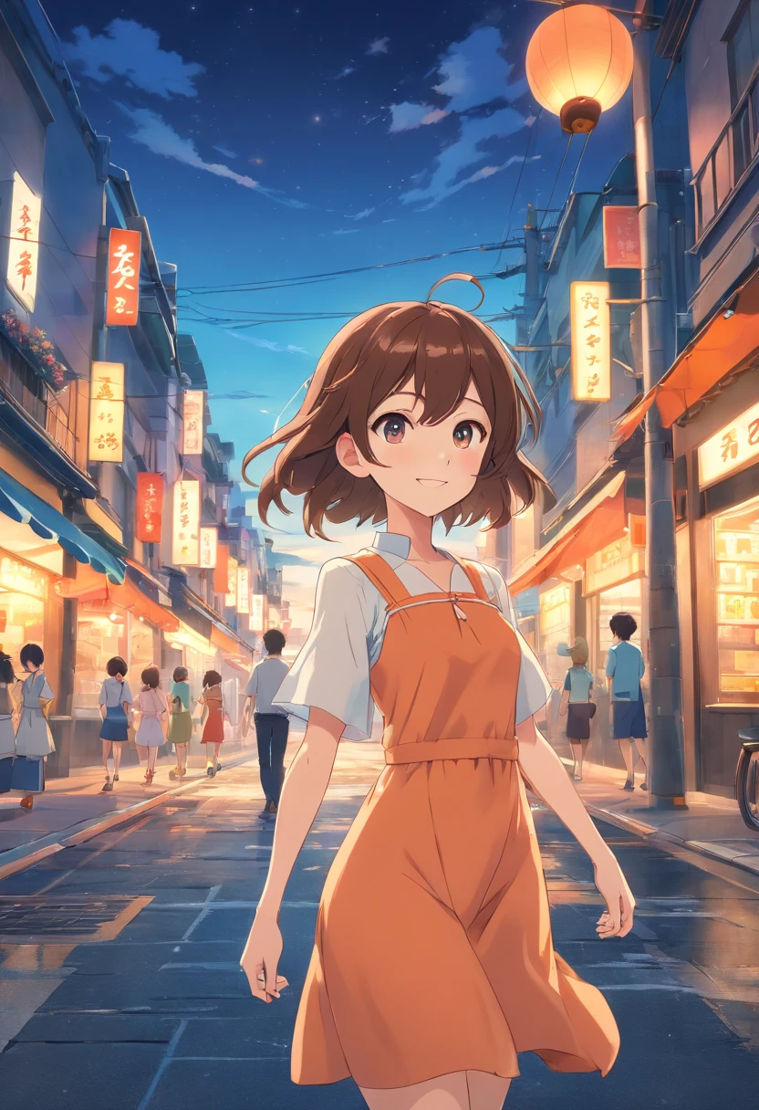 A smile　hightquality、8K Ultra HD、3d effect、Anime-style digital illustration、Soft anime tones、Evening glow、The beauty of walking on the road、Summer sky、Summer clouds in the distance、美丽的面容、Beautiful eyes、Scattered white clouds、Country Town Hill、A nostalgic city、Hair fluttering in the wind、a straw fedora hat、(full body Esbian)、Orange dress、Brown hair、Pale blue dress、beautiful hairl、Brown hair、Black eye、Luminescent、Three-dimensional effect、Enhanced beauty、Albert Anker、Kyoto Animation、Greg Rutkowski、ArtGerm、wlop、Alphonse Bieple、luminism、3D Rendering、Octane Rendering、isometric、awesome full color、