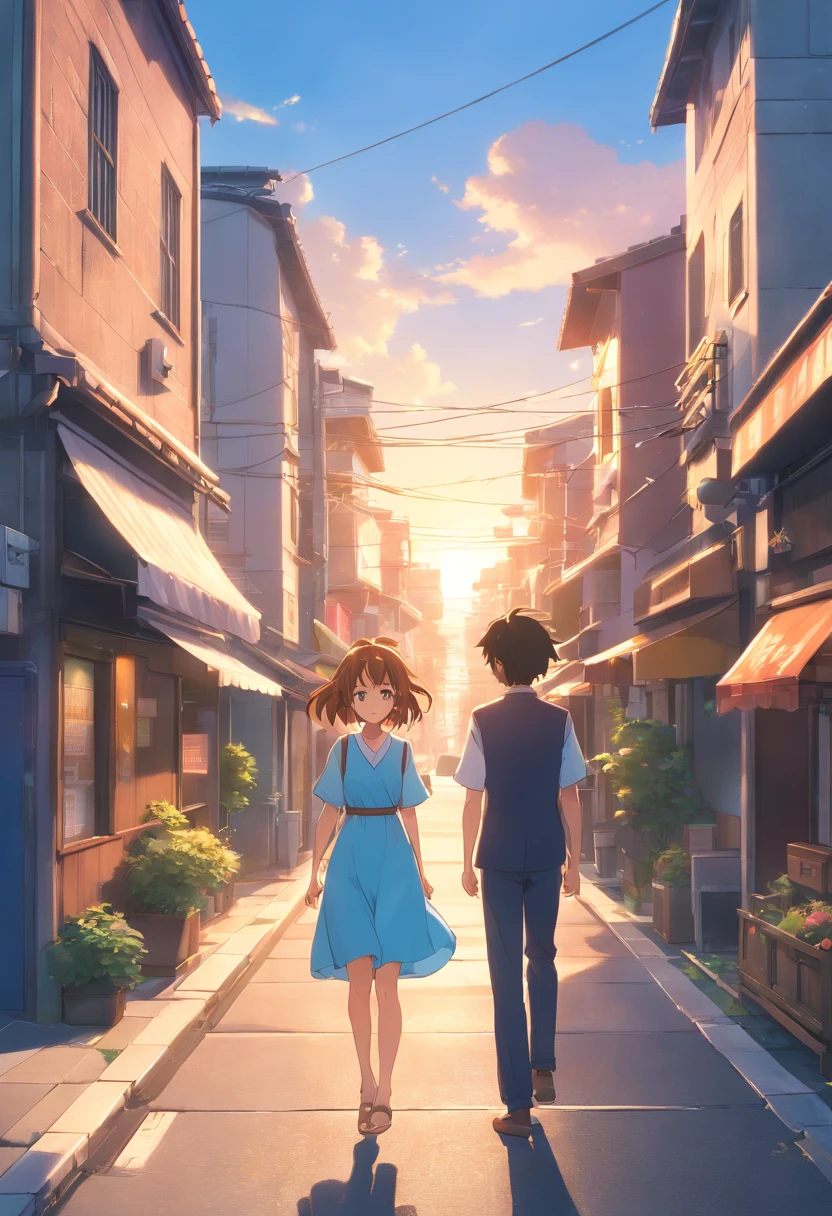 A smile　hightquality、8K Ultra HD、3d effect、Anime-style digital illustration、Soft anime tones、Evening glow、The beauty of walking on the road、Summer sky、Summer clouds in the distance、美丽的面容、Beautiful eyes、Scattered white clouds、Country Town Hill、A nostalgic city、Hair fluttering in the wind、a straw fedora hat、(full body Esbian)、Orange dress、Brown hair、Pale blue dress、beautiful hairl、Brown hair、Black eye、Luminescent、Three-dimensional effect、Enhanced beauty、Albert Anker、Kyoto Animation、Greg Rutkowski、ArtGerm、wlop、Alphonse Bieple、luminism、3D Rendering、Octane Rendering、isometric、awesome full color、