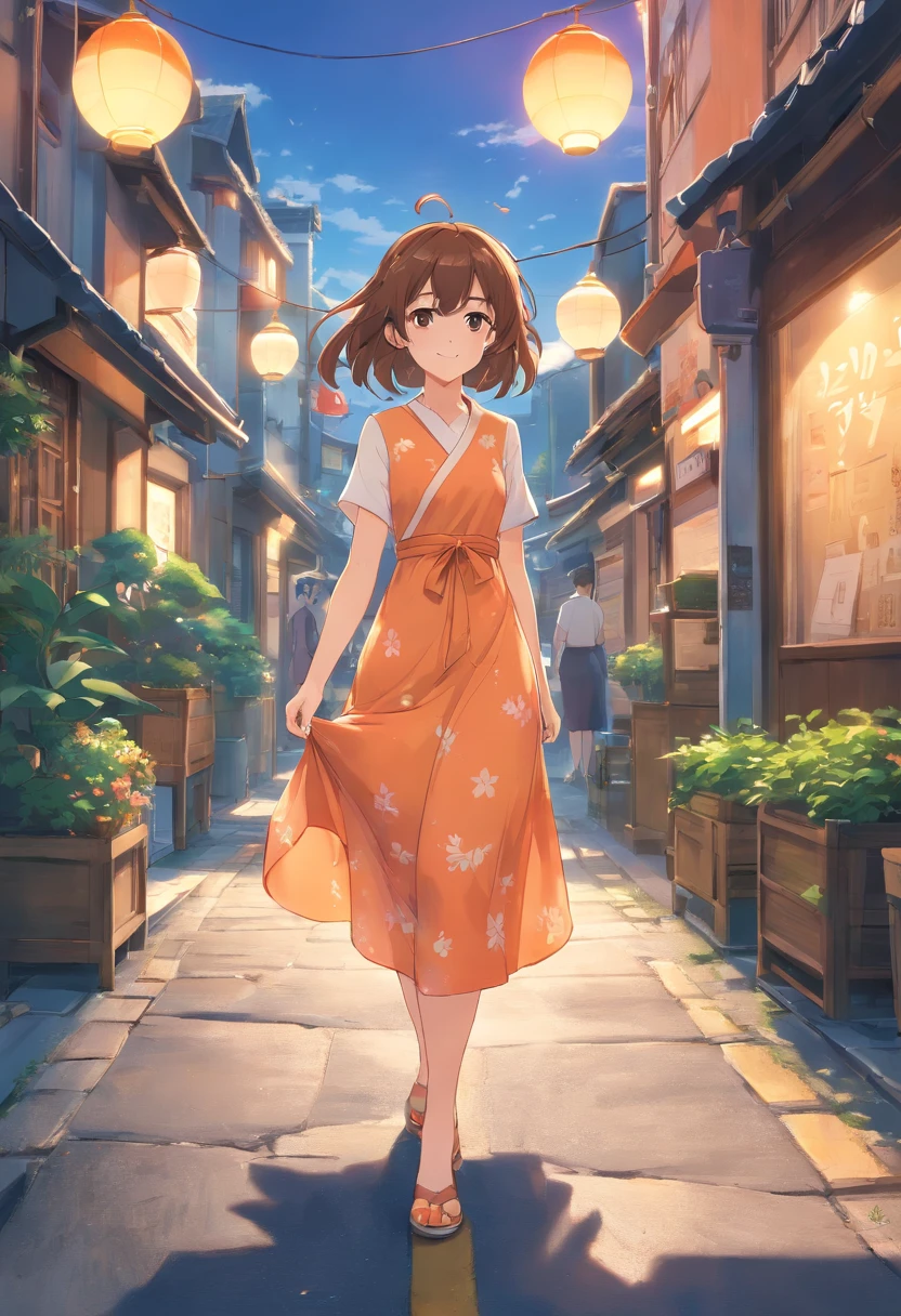 A smile hightquality、8K Ultra HD、3d effect、Anime-style digital illustration、Soft anime tones、Evening glow、The beauty of walking on the road、Summer sky、Summer clouds in the distance、美丽的面容、Beautiful eyes、Scattered white clouds、Country Town Hill、A nostalgic city、Hair fluttering in the wind、a straw fedora hat、(full body Esbian)、Orange dress、Brown hair、Pale blue dress、beautiful hairl、Brown hair、Black eye、Luminescent、Three-dimensional effect、Enhanced beauty、Albert Anker、Kyoto Animation、Greg Rutkowski、ArtGerm、wlop、Alphonse Bieple、luminism、3D Rendering、Octane Rendering、isometric、awesome full color、