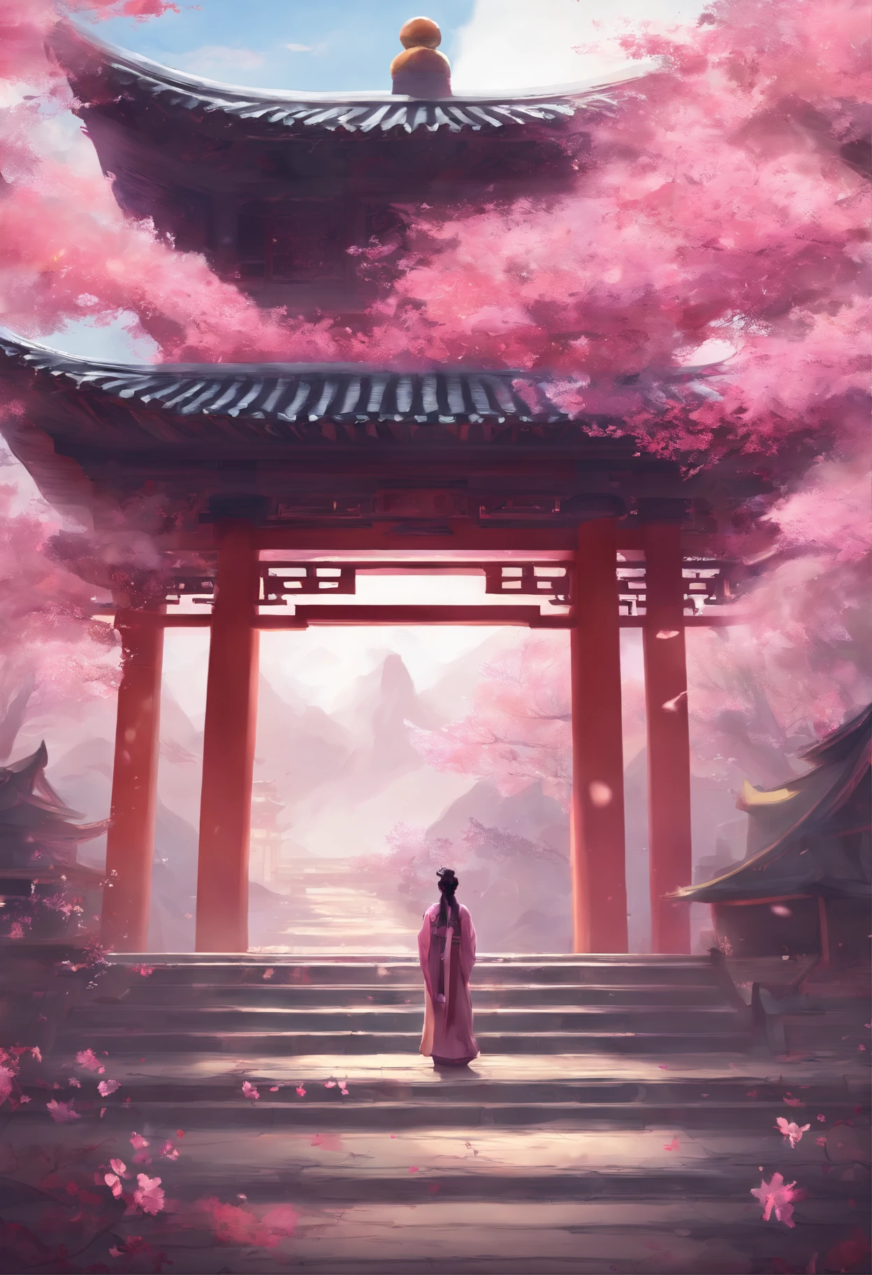 Wuxia style,China-style,Huge copper mirror,petals,peach blossom,in pink,purpleish color,--AR 16:9 --9 2 --s 750**