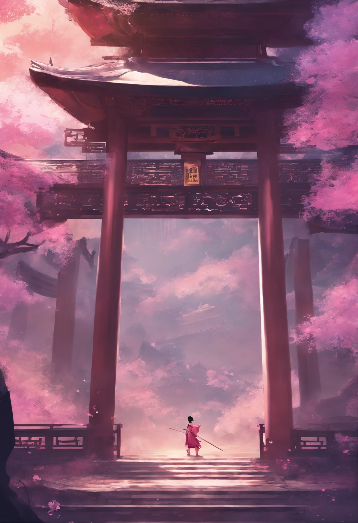 Wuxia style，China-style，Huge copper mirror，petals，peach blossom，in pink，purpleish color，--AR 16:9 --9 2 --s 750**