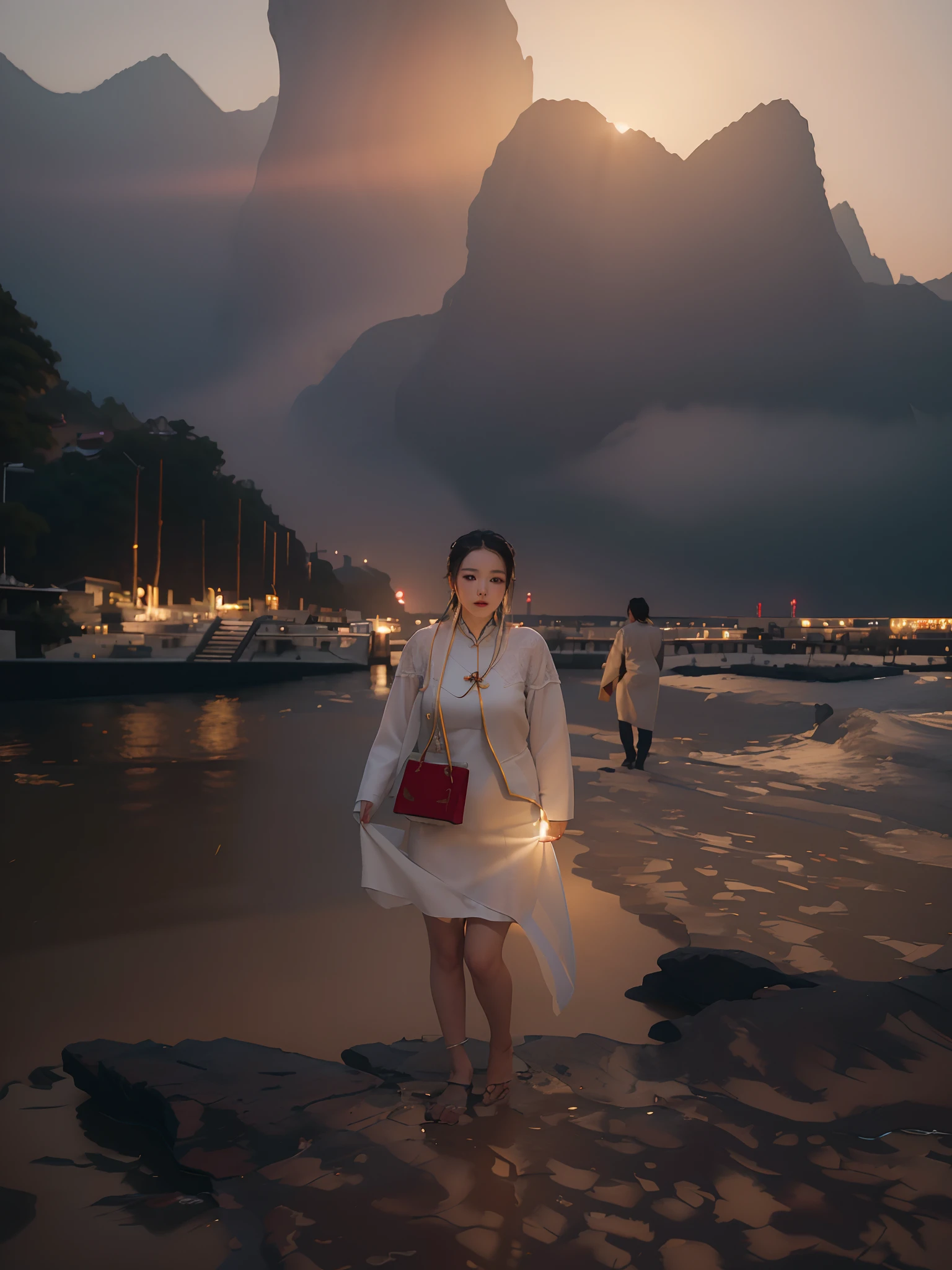 Best quality, (RAW photo: 1.2), (Masterpiece: 1.4), (Realistic: 1.4), (High resolution: 1.4), Chinese actress Gulinazha, depth of field, intricate details, 8k, very detailed, perfect lighting, epic background, big bust 1.3, cheongsam, large open 1.3 ((chest exposed)), thin legs