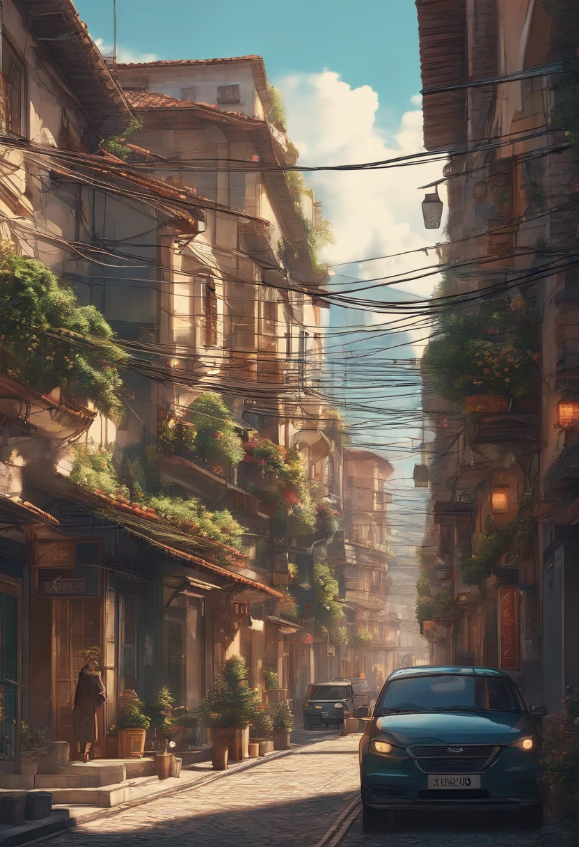 illustration of a street with a lot of buildings and a lot of wires, anime style cityscape, Italian city Teramo, anime style 4 k, inspired by Josan Gonzalez, anime art wallpaper 4k, anime background art, anime art wallpaper 4 k, inspired by Liam Wong, japanese street, dreamy chinese town, hd anime cityscape, tokyo - esque town