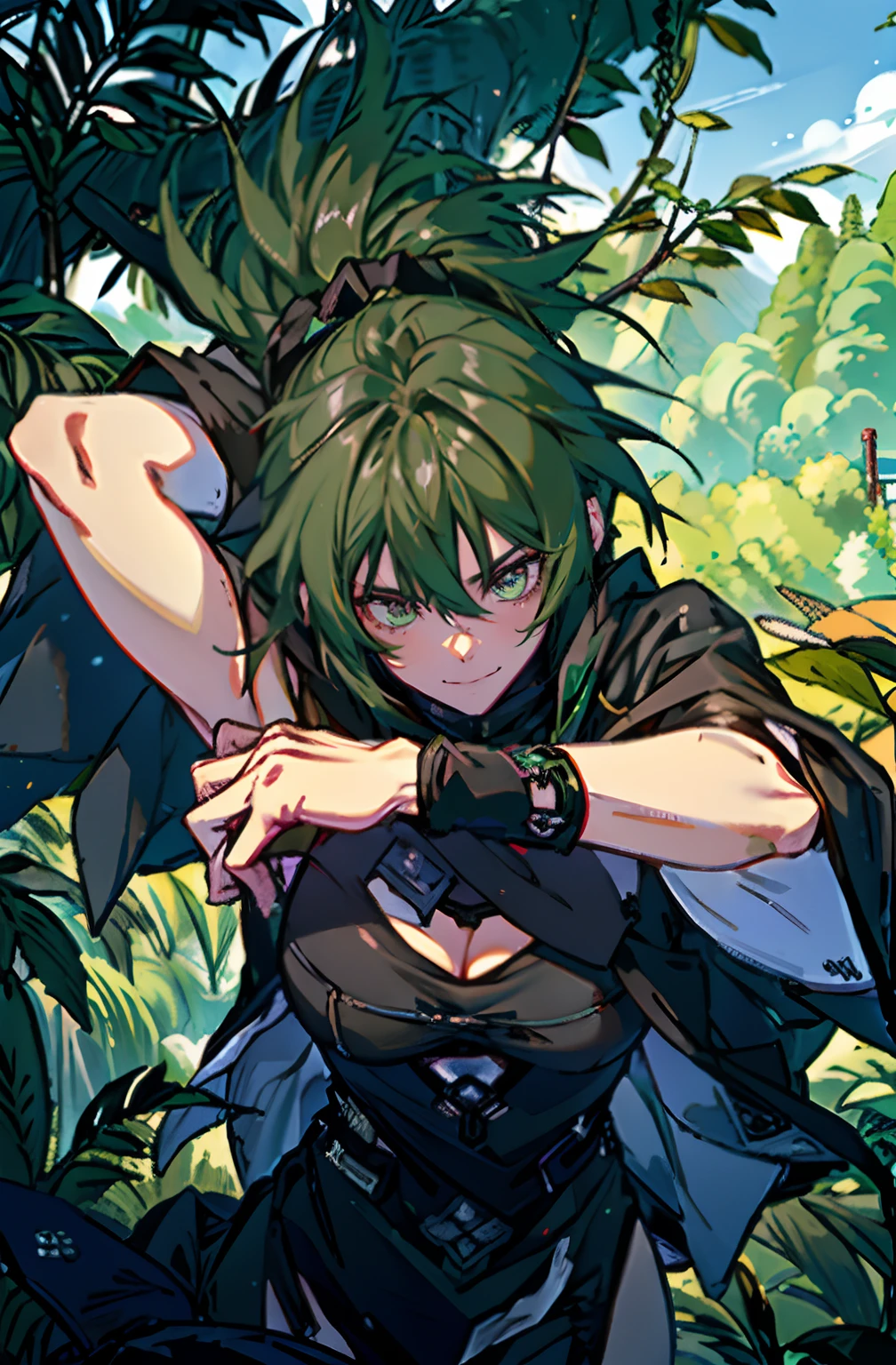 Pure sky，mechanical leg，Black mechanical legs，Plump legs，Green gem setting，Anime girl standing gracefully on the ground，Black cape and green hair, rogue anime girl, Anime girl standing, Wearing a cloak on the blasted plain, asuka suit under clothes!, Cyborg girl, badass posture, mechanic punk outfit, anime styled 3d, render of a cute 3d anime girl, gapmoe yandere grimdark, Female character，musculature，Abs，Glowing green eyes，Black hair with green gradient，short detailed hair，Bunched hair，Dull hair，（Muscle 2.0），Tomboyish，Be red in the face，looking at viewert，Elaborate Eyes，Black mechanical legs，huge tit，1.5，ssmile，Openwork black silk，Straight big breasts，strappy，Black openwork hot pants，White bandeau，Toothless smile，Lower breast，Mechanical wind，There are no cities，Side breasts，Excitation，Top crotch，Sexy lower abdomen，Camel toes，Sexy underarms，ultra gigantic tits，Raise both hands，Tie your hair backhanded