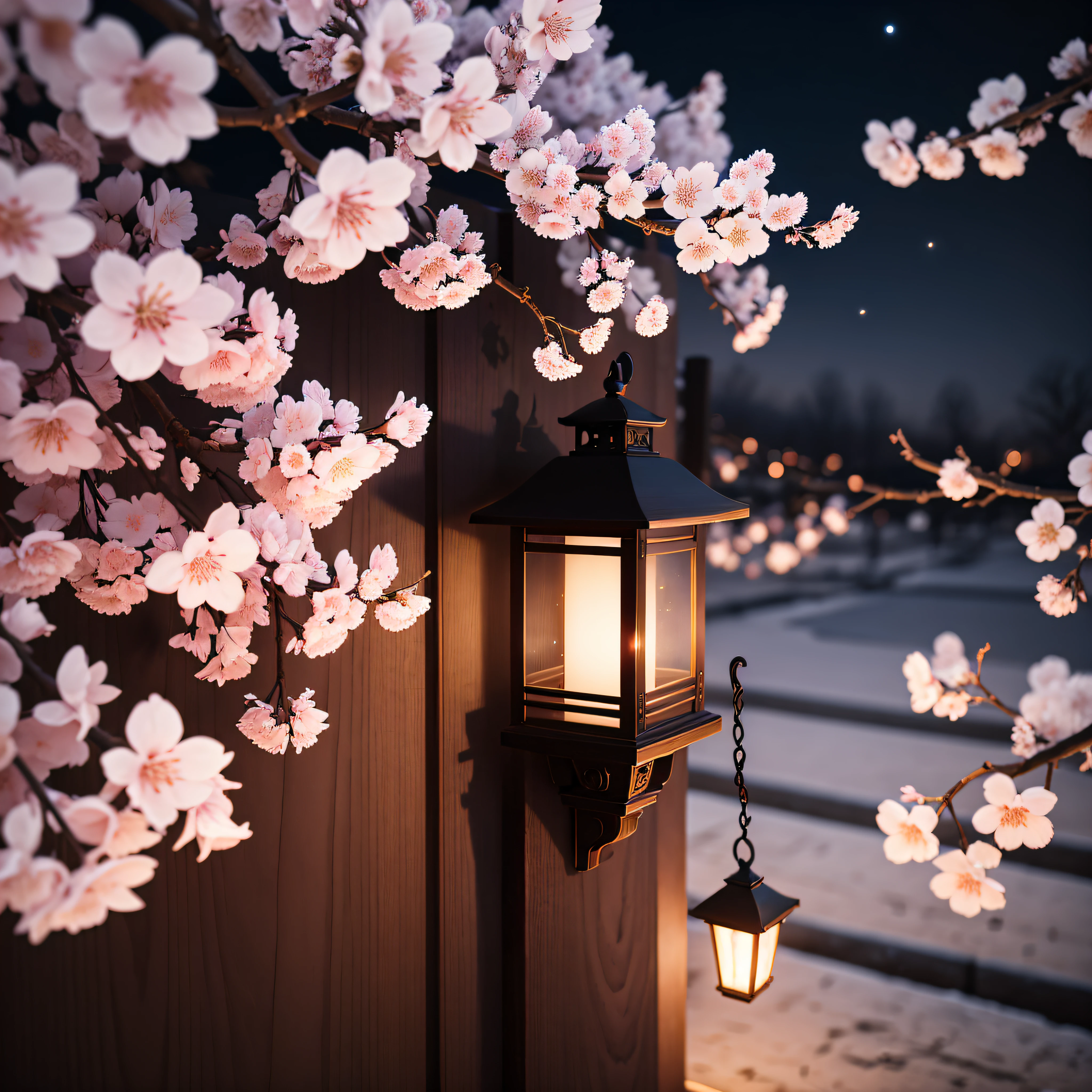 Cherry Blossoms at Night:
Cherry blossoms in bloom, softly lit against the night sky, evoke a sense of tranquility and beauty, offering a unique nocturnal floral spectacle.