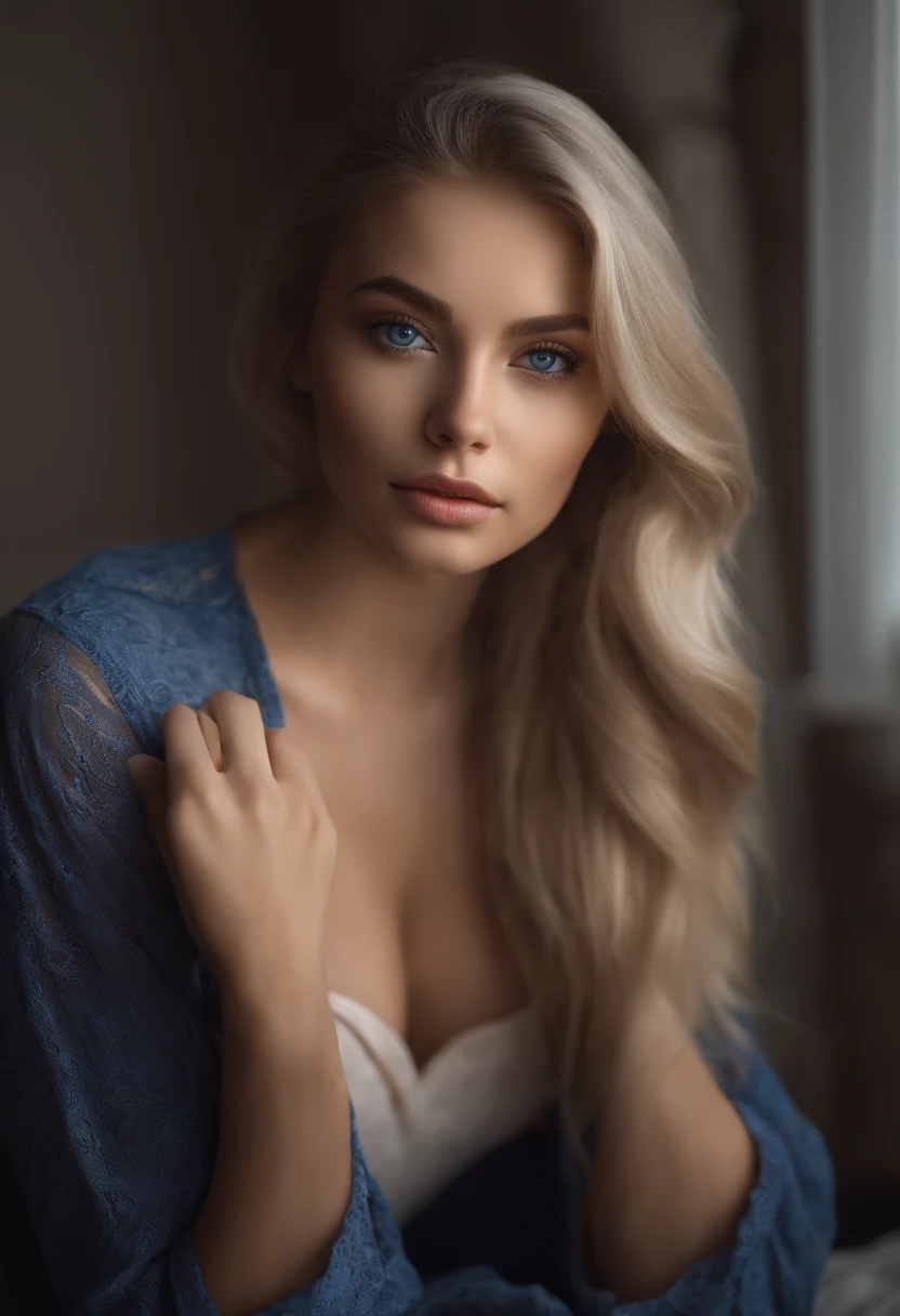 arafed woman fully , sexy girl with blue eyes, ultra realistic, meticulously detailed, portrait sophie mudd, blonde hair and large eyes, selfie of a young woman, bedroom eyes, violet myers, without makeup, natural makeup, looking directly at the camera, face with artgram, subtle makeup, stunning full body shot kneeling on bed, in bedroom, large size bust. studio lights on her face