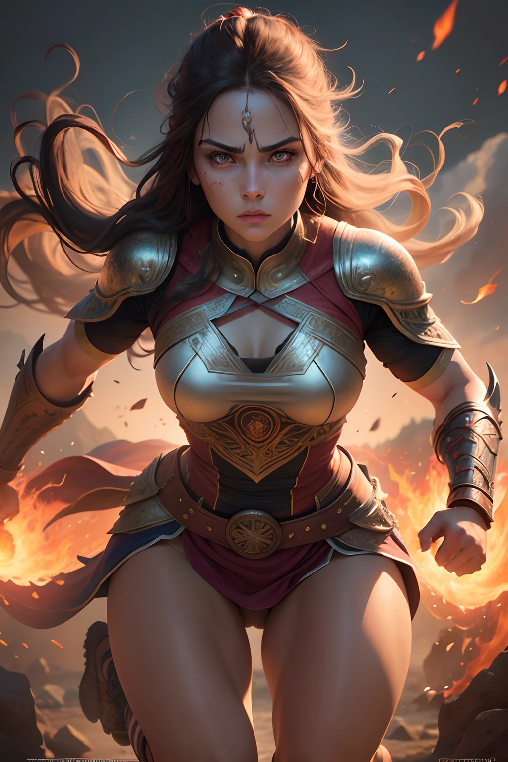 Strong warrior woman, running through fire, highly detailed, symmetrical face, symmetrical eyes, locks eyes into the camera, stunning photography, photorealistic, art station, soft pastel colours, highly detailed, intricate, path tracing, illustration, insanely detailed, shadow mapping volumetric light, specular lighting
