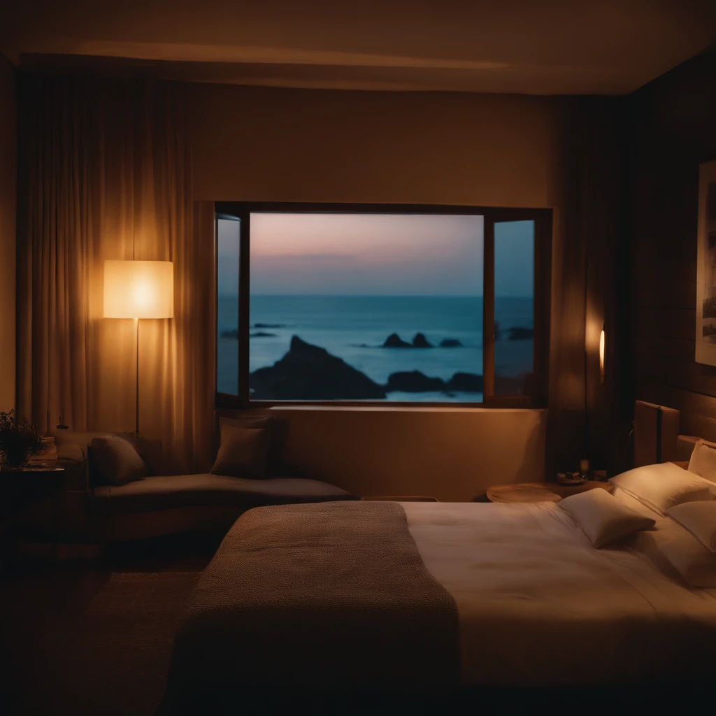 (masterpiece, bestquality),Bedroom with Ocean View,Outside the window,It's raining,Fog,Comfy bed.,Sea of clouds,warm,Evening lighting