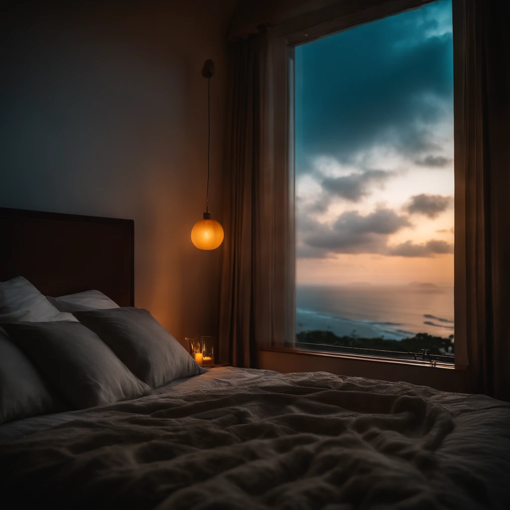 (masterpiece, bestquality),Bedroom with Ocean View,Outside the window,It's raining,Fog,Comfy bed.,Sea of clouds,warm,Evening lighting