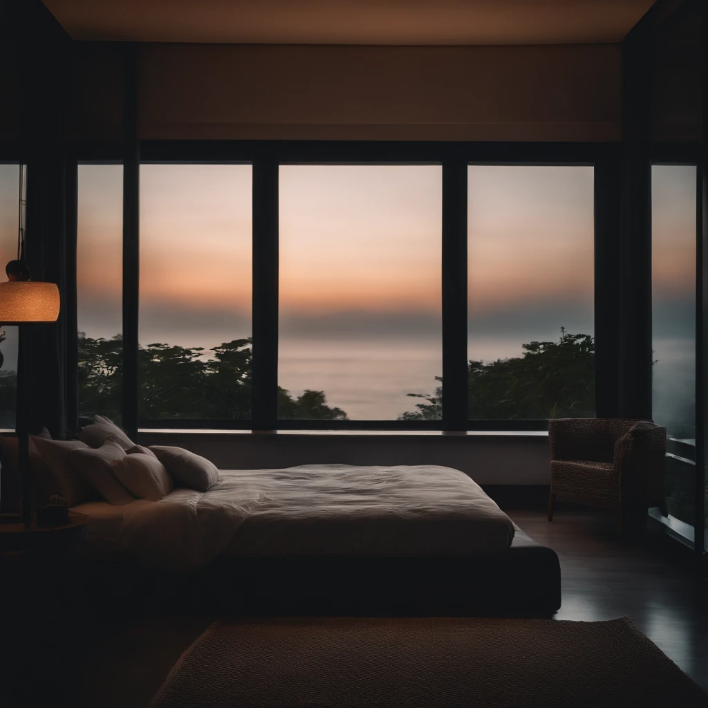 (masterpiece, bestquality),Bedroom with Ocean View,Outside the window,It's raining,Fog,Comfy bed.,Sea of clouds,warm,Evening lighting