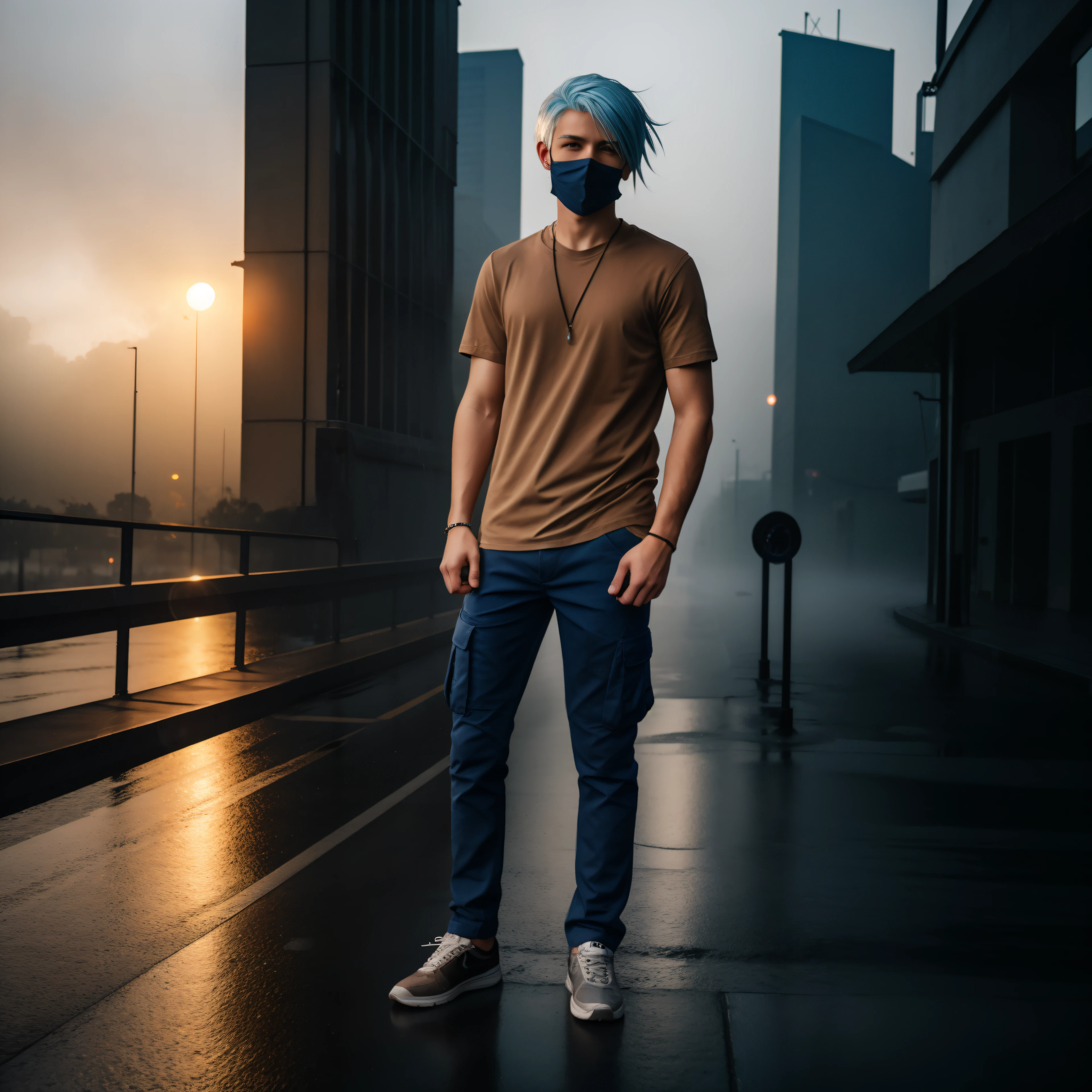 Teen male posing, ultrarealistic, skinny body, city, atmospheric, cute face, blue white hair, mask, dead inside, brown shirt, cargo pants, bokeh, background blur, rain, fog, sunset, full body view, nikon d3500