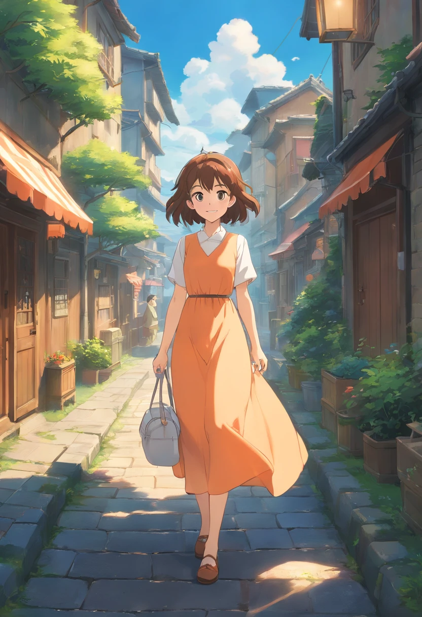 A smile hightquality、8K Ultra HD、3d effect、Anime-style digital illustration、Soft anime tones、Evening glow、The beauty of walking on the road、Summer sky、Summer clouds in the distance、美丽的面容、Beautiful eyes、Scattered white clouds、Country Town Hill、A nostalgic city、Hair fluttering in the wind、a straw fedora hat、(full body Esbian)、Orange dress、Brown hair、Pale blue dress、beautiful hairl、Brown hair、Black eye、Luminescent、Three-dimensional effect、Enhanced beauty、Albert Anker、Kyoto Animation、Greg Rutkowski、ArtGerm、wlop、Alphonse Beeple、luminism、3D Rendering、Octane Rendering、isometric、awesome full color、