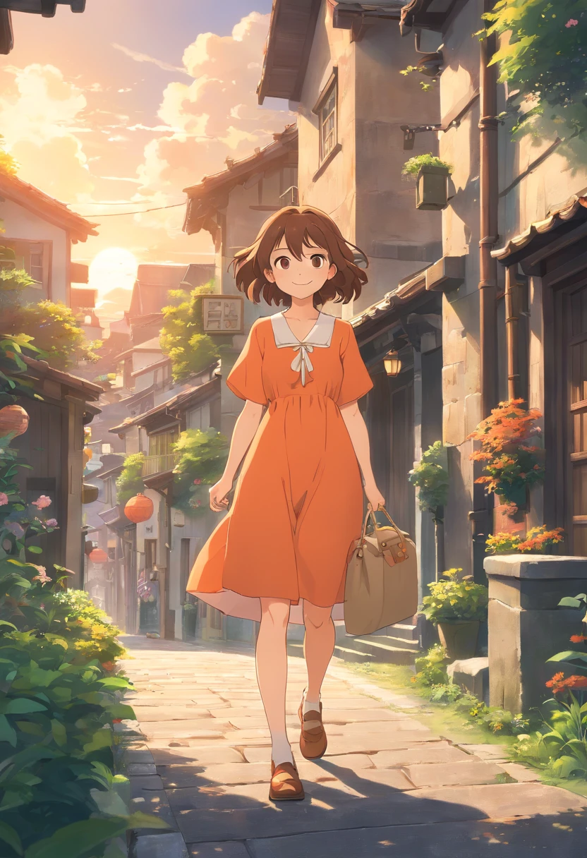 A smile　hightquality、8K Ultra HD、3d effect、Anime-style digital illustration、Soft anime tones、Evening glow、The beauty of walking on the road、Summer sky、Summer clouds in the distance、美丽的面容、Beautiful eyes、Scattered white clouds、Country Town Hill、A nostalgic city、Hair fluttering in the wind、a straw fedora hat、(full body Esbian)、Orange dress、Brown hair、Pale blue dress、beautiful hairl、Brown hair、Black eye、Luminescent、Three-dimensional effect、Enhanced beauty、Albert Anker、Kyoto Animation、Greg Rutkowski、ArtGerm、wlop、Alphonse Beeple、luminism、3D Rendering、Octane Rendering、isometric、awesome full color、