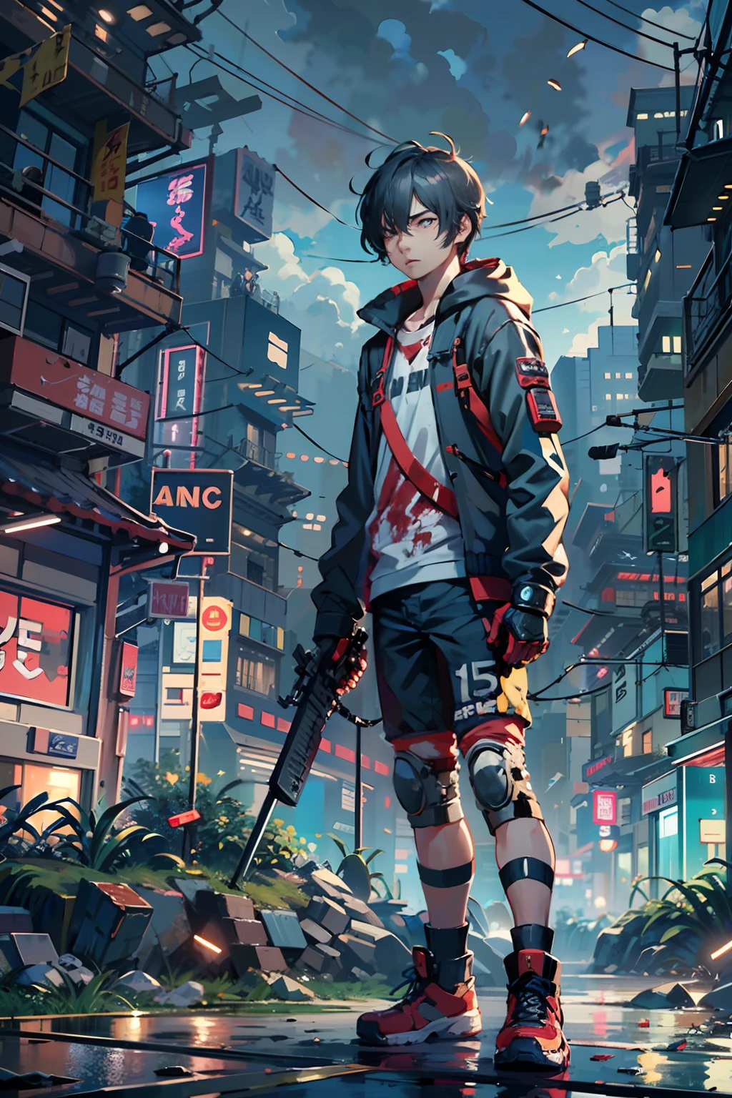 1boy,(15 years old boy:2)、Anime-style protagonist、Cyberpunk Boy、katanas,machine gun、silber hair、(bobhair:1.5)、Whole body bloody、Shot from the knee up、Looking at the camera、The beginning of the adventure、Lots of clouds,heavy fog、Lightning、Chaotic city of the future、ruined and devastated city、dystopian、A very complex group of Chinese buildings stands in the center、Highly complex Chinese buildings、Warm lighting、puddles、Chaotic landscape、Beautiful and fantastic scenery、Cinematic scenery、hightquality、masutepiece,8K、hight resolution、ultra-detailliert,