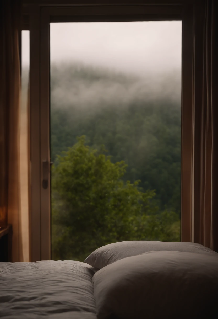(masterpiece, bestquality),Bedroom with valley view,Outside the window,It's raining,Fog,Comfy bed.,forests,warm,Evening lighting