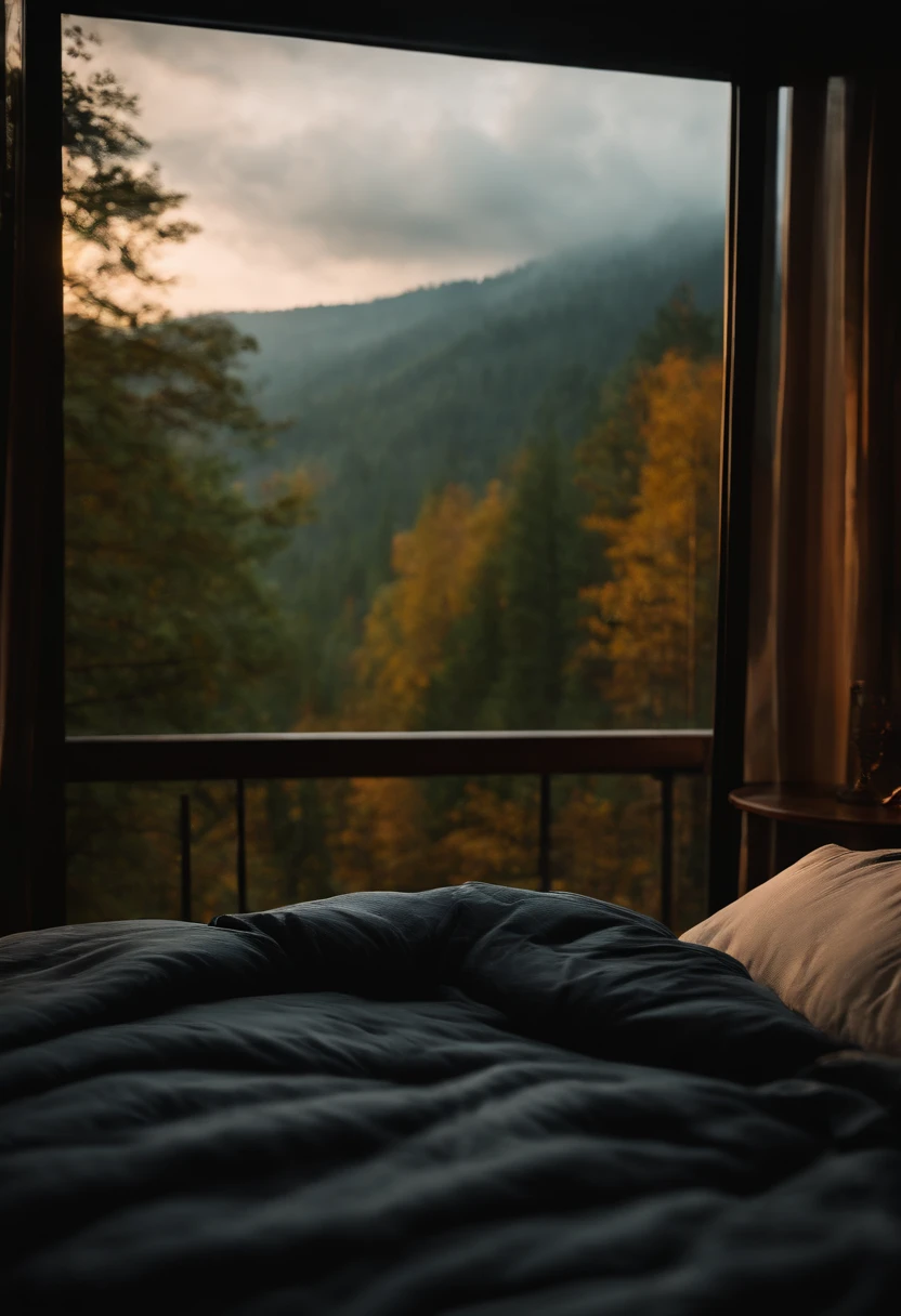 (masterpiece, bestquality),Bedroom with valley view,Outside the window,It's raining,Fog,Comfy bed.,forests,warm,Evening lighting