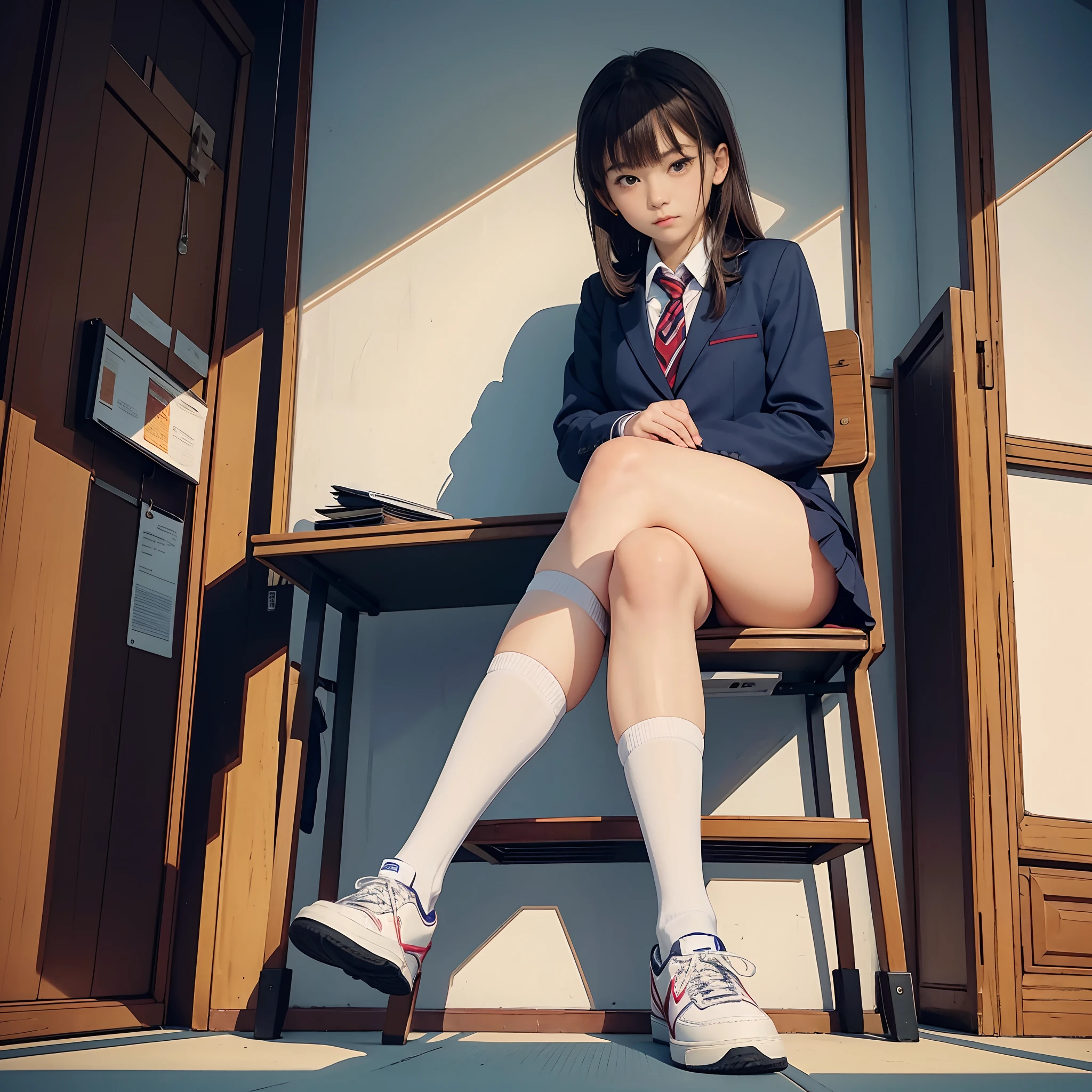 Japanese School, crass room, desk work, Chair, Beautiful High School Girl, Blazer, tie, high socks, sneakers, White Nike Air Force 1、White sneakers, sit a chair, legs crossed, Looking down, (Foot View), Glaring expression,High school girl showing soles、