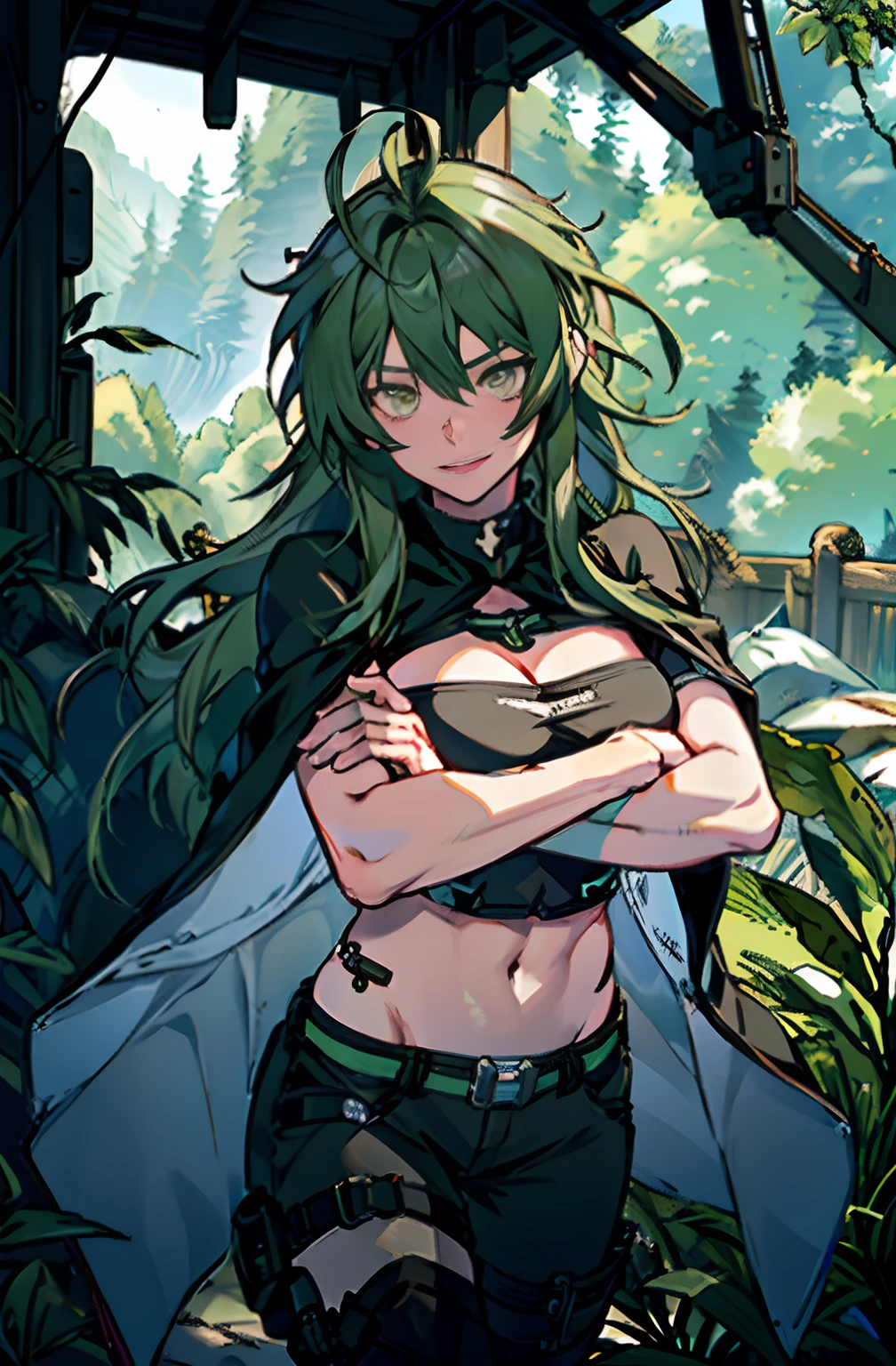 Pure sky,mechanical leg,Black mechanical legs,Plump legs,Green gem setting,Anime girl standing gracefully on the ground,Black cape and green hair, rogue anime girl, Anime girl standing, Wearing a cloak on the blasted plain, asuka suit under clothes!, Cyborg girl, badass posture, mechanic punk outfit, anime styled 3d, render of a cute 3d anime girl, gapmoe yandere grimdark, Female character,musculature,Abs,Glowing green eyes,Black hair with green gradient,short detailed hair,Bunched hair,Dull hair,(Muscle 2.0),Tomboyish,Be red in the face,looking at viewert,Elaborate Eyes,Black mechanical legs,huge tit,1.5,ssmile,Openwork black silk,Straight big breasts,strappy,Black openwork hot pants,White bandeau,Toothless smile,Lower breast,Mechanical wind,There are no cities,Side breasts,Excitation,Top crotch,Sexy lower abdomen,Camel toes,big dragon,Cover your chest,dynamicposes