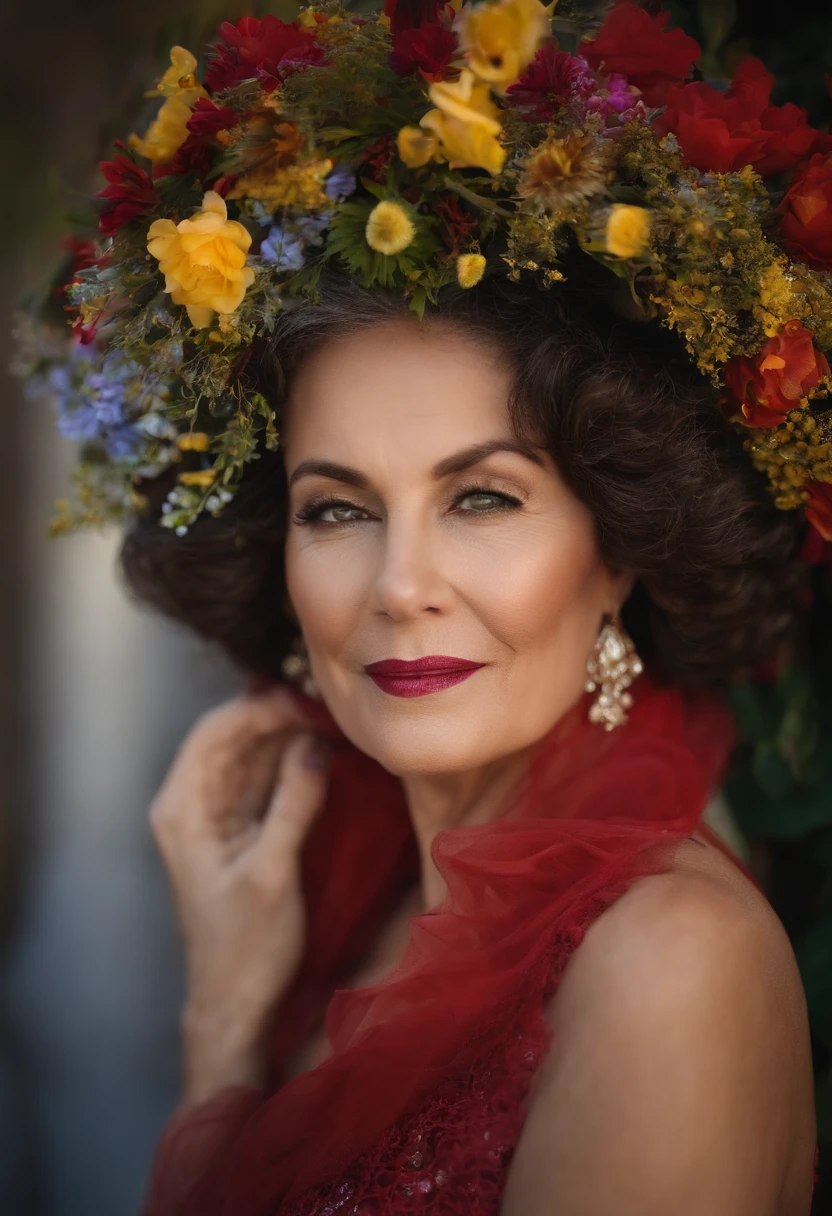 8k, raw photo, fujifilm, Style photo of a beautiful 45 year old woman., square face, a red rose on the neck, wearing a black and red lace dress, golden earrings, strong features like a dove spinning, (very detailed skin: 1.2), medium brown hair with highlights, film grain, 35mm, beautiful style