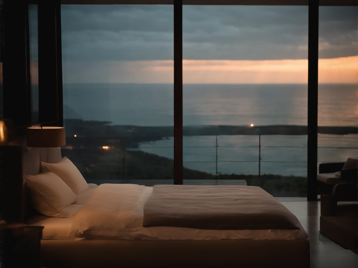 (masterpiece, bestquality),Bedroom with Ocean View,Outside the window,It's raining,Fog,Comfy bed.,Sea of clouds,warm,Evening lighting