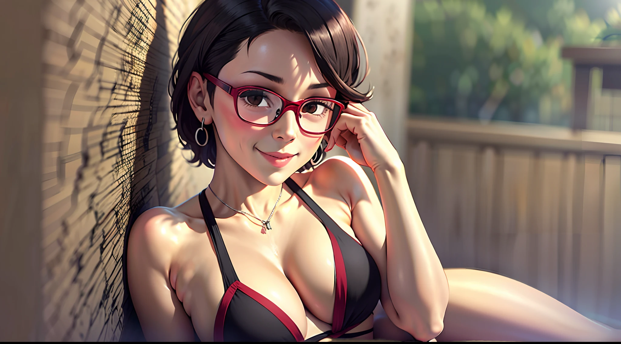 uchiha sarada black eyes black hair red framed glasses short hair 1girl, solo, earrings, smile, shy, masterpiece, sling_bikini_top best quality, looking at viewer, thigh strap. Best quality, masterpiece