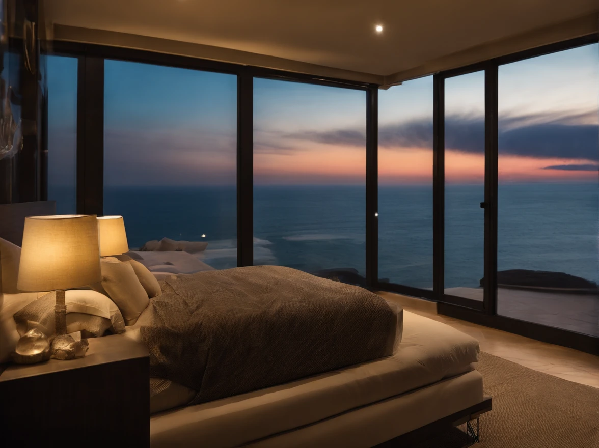 (masterpiece, bestquality),Bedroom with Ocean View,Outside the window,It's raining,Fog,Comfy bed.,Sea of clouds,warm,Evening lighting